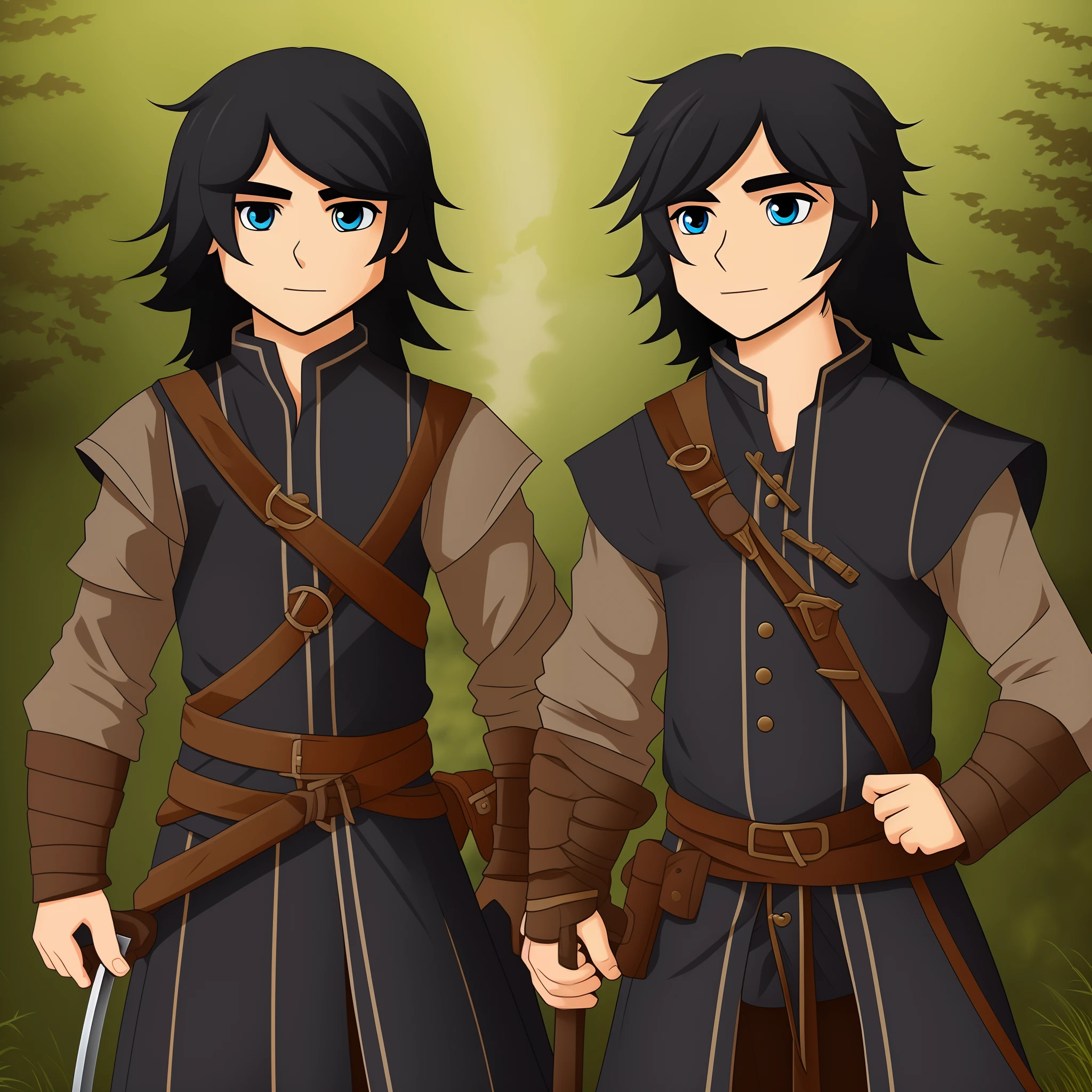 Create a cartoon drawing boy. The boy have black long hair. The boy have a big sword. The boy uses medieval clothes. The boy is .