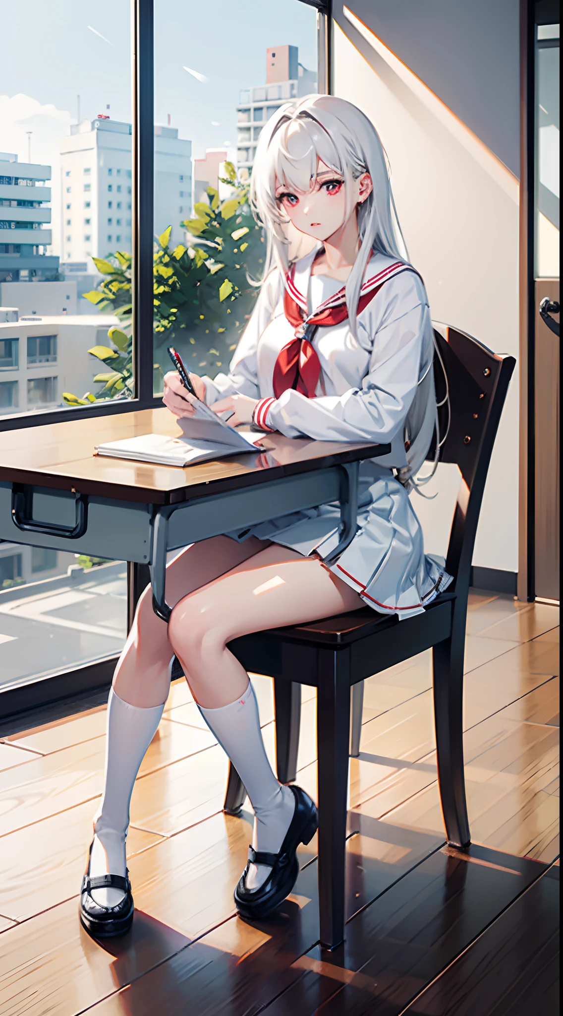 1 girl 19 years old, white disheveled hair, red eyes, extreme eyes detail, beautiful eyes, cold eyes, cold face, wearing a white Japanese school uniform, wearing a short white skirt, white thigh socks, black clogs, sitting in a chair next to the classroom window, student desk and chair, from side, studying, pencil, pen, ruler, books, classrooms, detailed interior, extremely detailed, best graphics, 8k, ultrasharp, masterpiece