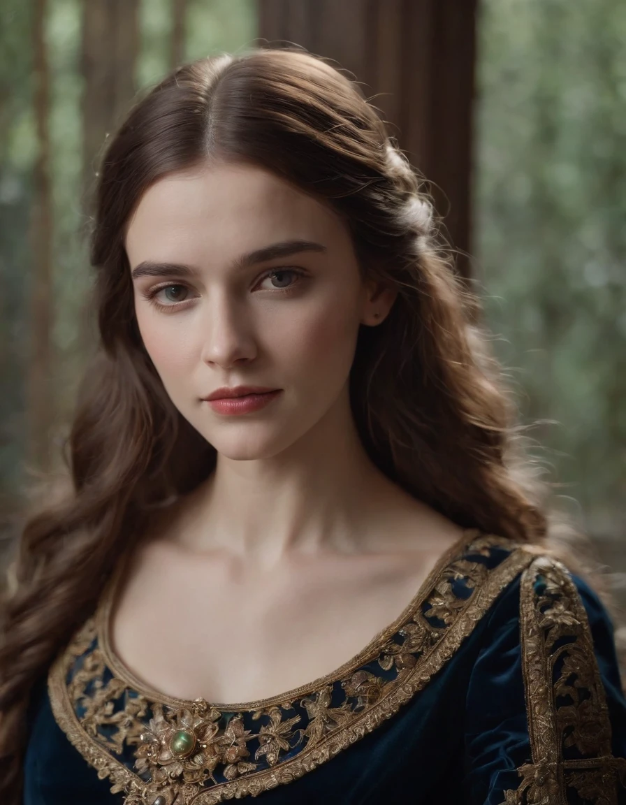 Florence Pugh with brown hair in a London regency dainty blue dress in “Bridgerton” with a London season party as the background