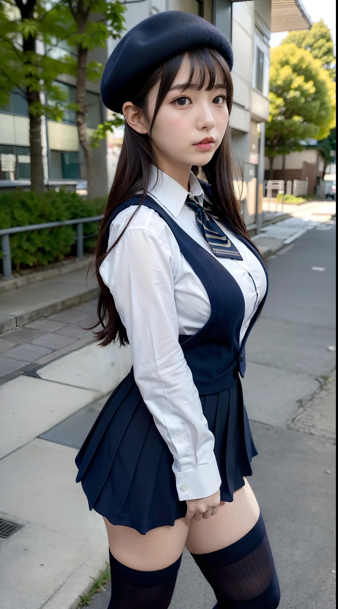 (best qualtiy,4K,tmasterpiece:1.2),Pretty women,1girll,Raised sexy:1.1,dark-blue hair:1.1,Woman in school uniform,Soaked white school uniform,Super detailed face,Detailed lips,A detailed eye,二重まぶた,Colorful miniskirt black stockings,Stand up,full bodyesbian