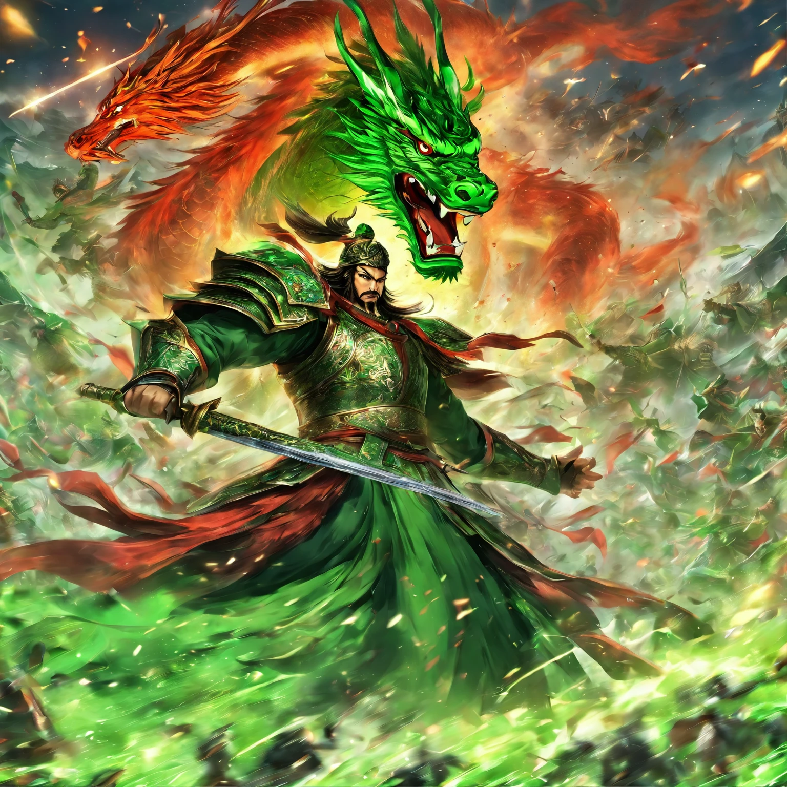 Dynasty warriors,Guan Yu rode a red horse through the field, Sultan Mohammed style, first person, Perspective,The huge green dragon knife slashed at the audience, Knife with translucent fluorescent green dragon, Exaggerated perspective, amazing moment, Emerald and bronze,Fluorescent green, heroes ,best qualtiy,tmasterpiece,Artistic effects,8K,rendering by octane