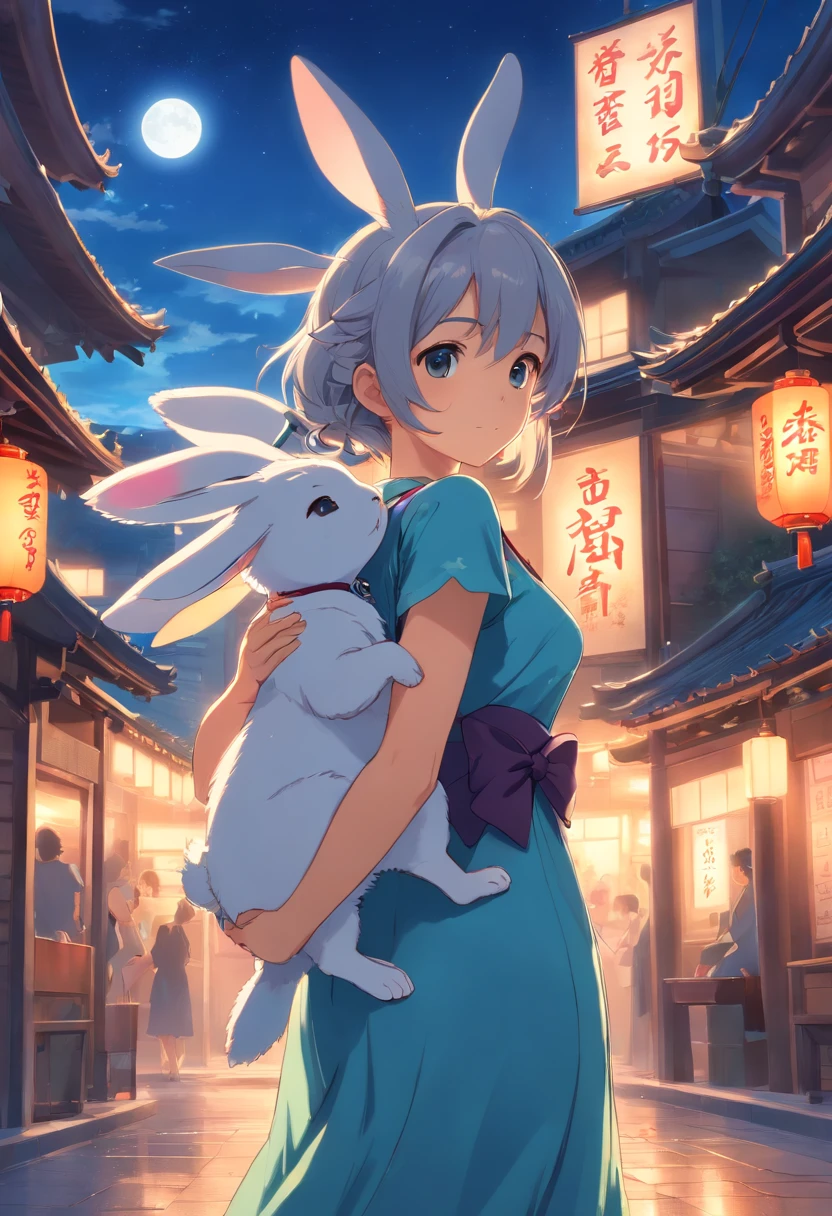 Long hair，the night，full moon，A silver-haired rabbit-eared girl in a long dress holding a small rabbit hairpin in one hand，Outside a group of Chinese buildings, holding a cheongsam in a hug，A little bunny wearing a scalloped bow hairpin， dreamy glow，unreal render,reasonable design, high detal, Masterpiece, Best quality, hyper HD, Cinematic lighting