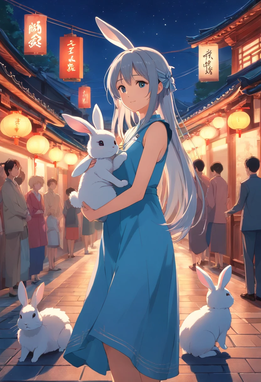 Long hair，the night，full moon，A silver-haired rabbit-eared girl in a long dress holding a small rabbit hairpin in one hand，Outside a group of Chinese buildings, holding a cheongsam in a hug，A little bunny wearing a scalloped bow hairpin， dreamy glow，unreal render,reasonable design, high detal, Masterpiece, Best quality, hyper HD, Cinematic lighting