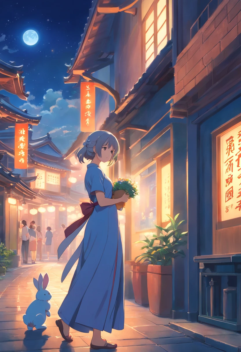 Long hair，the night，full moon，A silver-haired rabbit-eared girl in a long dress holding a small rabbit hairpin in one hand，Outside a group of Chinese buildings, holding a cheongsam in a hug，A little bunny wearing a scalloped bow hairpin， dreamy glow，unreal render,reasonable design, high detal, Masterpiece, Best quality, hyper HD, Cinematic lighting
