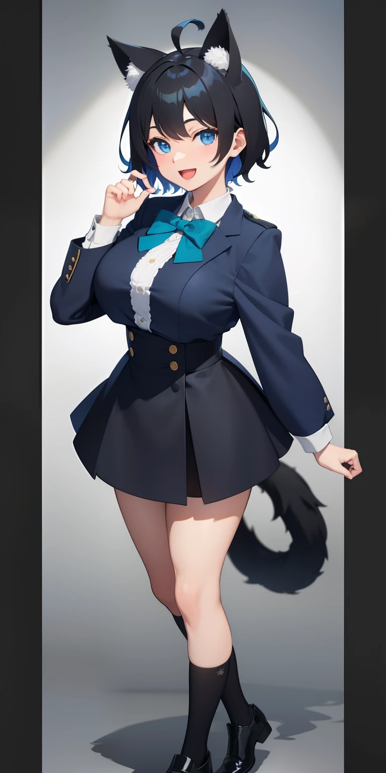 Full body, Upright, Arms at sides, Looking at Viewer, Simple background, 1girl in, Open mouth, Smile, Virtual Youtuber、girl with、、((Best Quality, high_resolution, Distinct_image)),(Black hair), (Black cat ears), (Ahoge), (absurdly short hair), (Wavy Hair), (Blue eyes),、A smile、large full breasts、Dressed in student uniform
