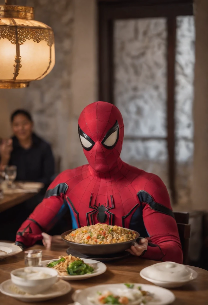 Cinematographer, ultra realista, Ropa detallada, Bellamente detallado, UHD, HDR, Altas Resoluciones, ultra detallado, Detalles intrincados, Efectos texturales, absurdos, obra maestra, 8k:1.2. En esta imagen, vemos a Spider-Man en un inusual descanso de sus actividades heroicas. He's standing in a chic Asian restaurant in his iconic costume.................
Spider-Man holds a bowl of Chinese fried rice mixed with oriental stir-fried noodles in his hands skillfully.., usando unos elegantes palillos chinos para llevar un bocado a su boca. The plate is full of fried rice, salteado. The restaurant is decorated with traditional Chinese elements, como linternas rojas colgando del techo y dragones dorados esculpidos en las paredes. The dim light of the lanterns creates a warm and welcoming atmosphere in the place.