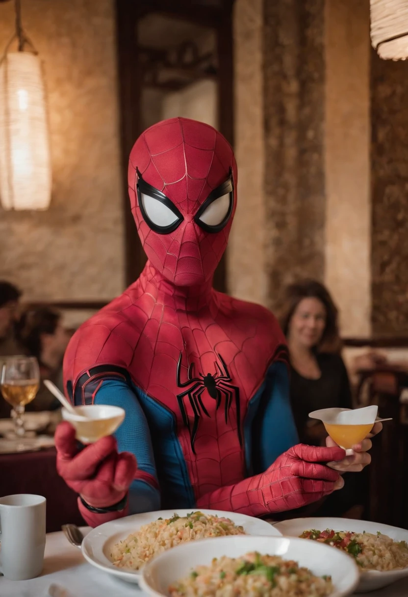 Cinematographer, ultra realista, Ropa detallada, Bellamente detallado, UHD, HDR, Altas Resoluciones, ultra detallado, Detalles intrincados, Efectos texturales, absurdos, obra maestra, 8k:1.2. En esta imagen, vemos a Spider-Man en un inusual descanso de sus actividades heroicas. He's standing in a chic Asian restaurant in his iconic costume.................
Spider-Man holds a bowl of Chinese fried rice mixed with oriental stir-fried noodles in his hands skillfully.., usando unos elegantes palillos chinos para llevar un bocado a su boca. The plate is full of fried rice, salteado. The restaurant is decorated with traditional Chinese elements, como linternas rojas colgando del techo y dragones dorados esculpidos en las paredes. The dim light of the lanterns creates a warm and welcoming atmosphere in the place.