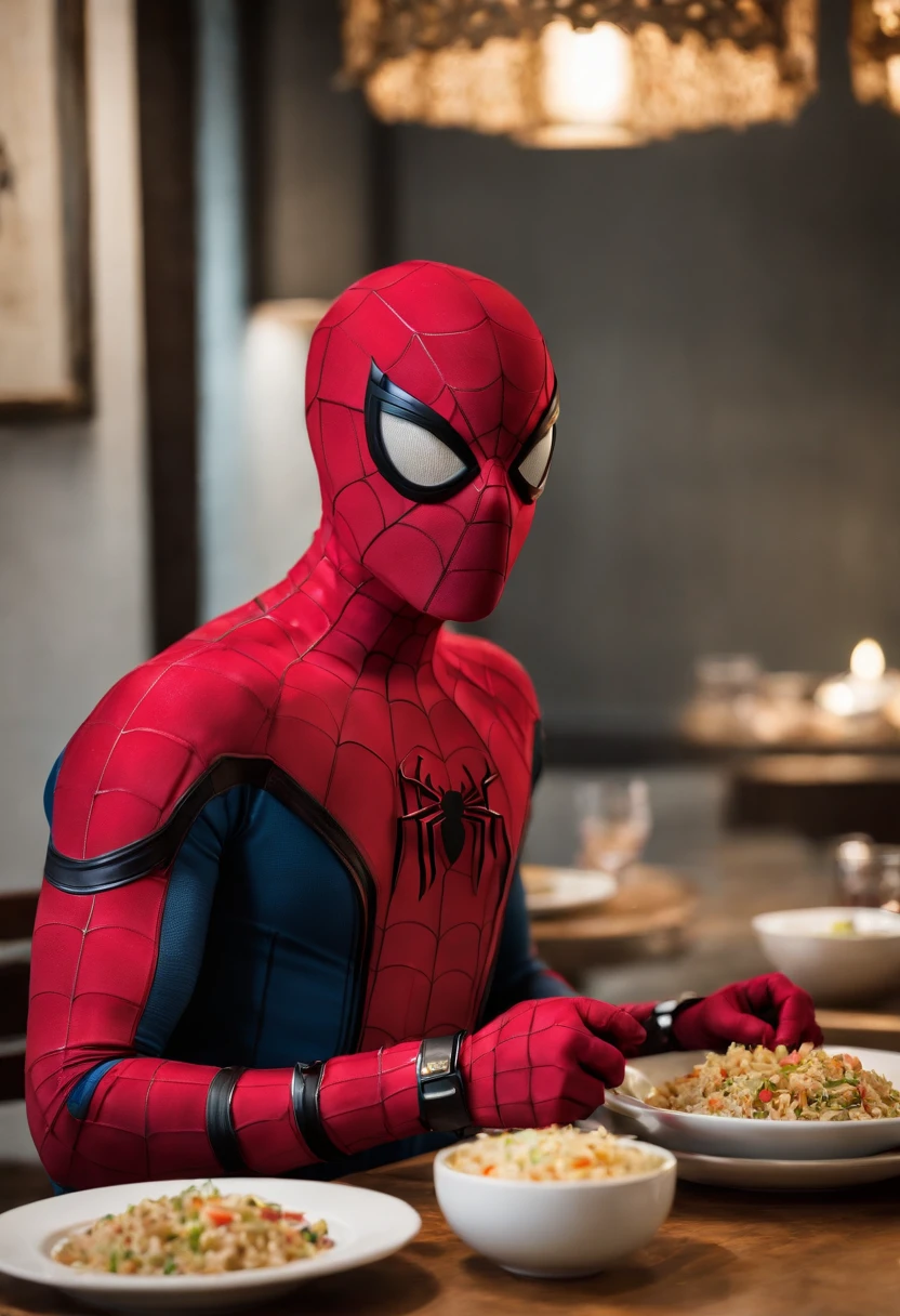 Cinematographer, ultra realista, Ropa detallada, Bellamente detallado, UHD, HDR, Altas Resoluciones, ultra detallado, Detalles intrincados, Efectos texturales, absurdos, obra maestra, 8k:1.2. En esta imagen, vemos a Spider-Man en un inusual descanso de sus actividades heroicas. He's standing in a chic Asian restaurant in his iconic costume.................
Spider-Man holds a bowl of Chinese fried rice mixed with oriental stir-fried noodles in his hands skillfully.., usando unos elegantes palillos chinos para llevar un bocado a su boca. The plate is full of fried rice, salteado. The restaurant is decorated with traditional Chinese elements, como linternas rojas colgando del techo y dragones dorados esculpidos en las paredes. The dim light of the lanterns creates a warm and welcoming atmosphere in the place.