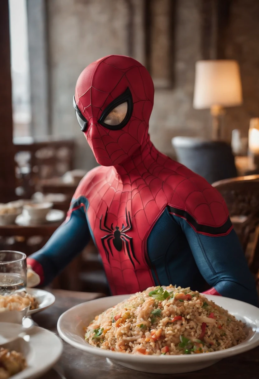 Cinematographer, ultra realista, Ropa detallada, Bellamente detallado, UHD, HDR, Altas Resoluciones, ultra detallado, Detalles intrincados, Efectos texturales, absurdos, obra maestra, 8k:1.2. En esta imagen, vemos a Spider-Man en un inusual descanso de sus actividades heroicas. He's standing in a chic Asian restaurant in his iconic costume.................
Spider-Man holds a bowl of Chinese fried rice mixed with oriental stir-fried noodles in his hands skillfully.., usando unos elegantes palillos chinos para llevar un bocado a su boca. The plate is full of fried rice, salteado. The restaurant is decorated with traditional Chinese elements, como linternas rojas colgando del techo y dragones dorados esculpidos en las paredes. The dim light of the lanterns creates a warm and welcoming atmosphere in the place.