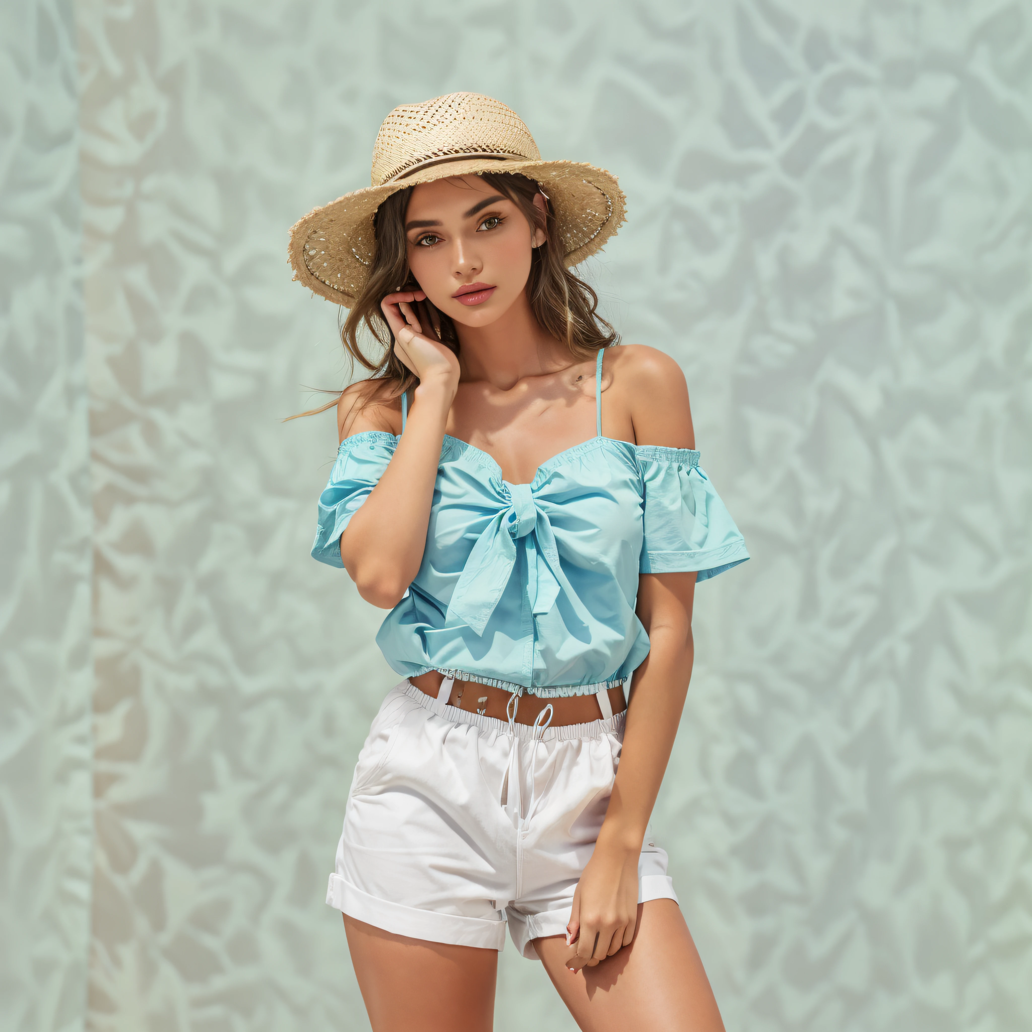 Mulher de top azul e shorts brancos posando para uma foto, Roupas da moda, fora da camisa de ombro, Loose - blusas justas, roupas de moda, Roupa aberta v peito, usando um top bonito, vestido com um top e shorts, with straw hat, roupas casuais modernas, roupas casuais modernas, roupas de moda, pale blue outfit,