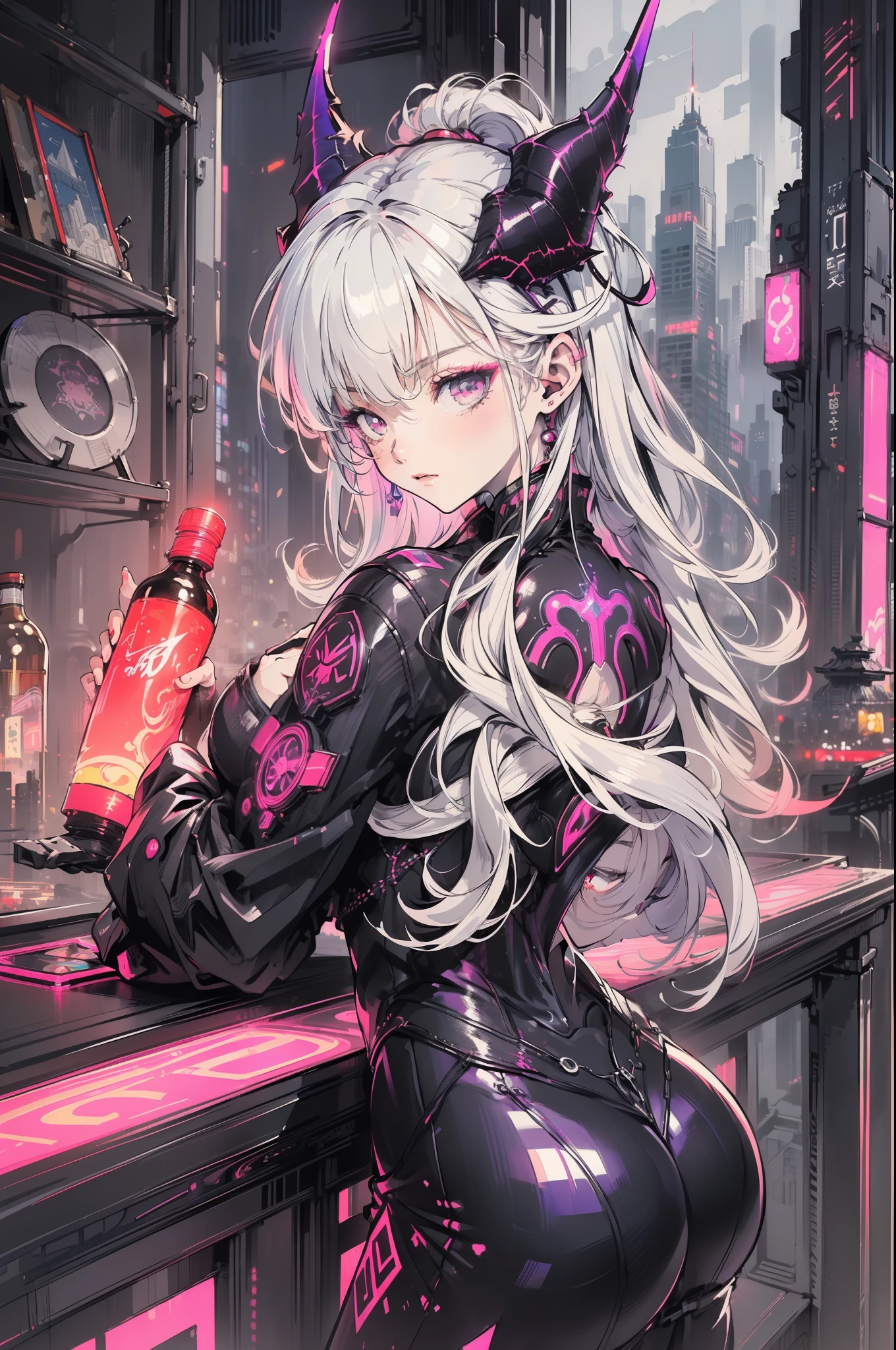 (Masterpiece, Top quality, Best quality, offcial art, Beautiful and aesthetic:1.2),(Red-purple neon), (Vibrant glow), Dynamic colors, Striking contrast, futuristic vibe, electric energy,shiny reflective surfaces,(Cityscape:1.3),8K,offical wallpaper, 最好质量，It is better to draw style, White hair, Horns, Demon wings