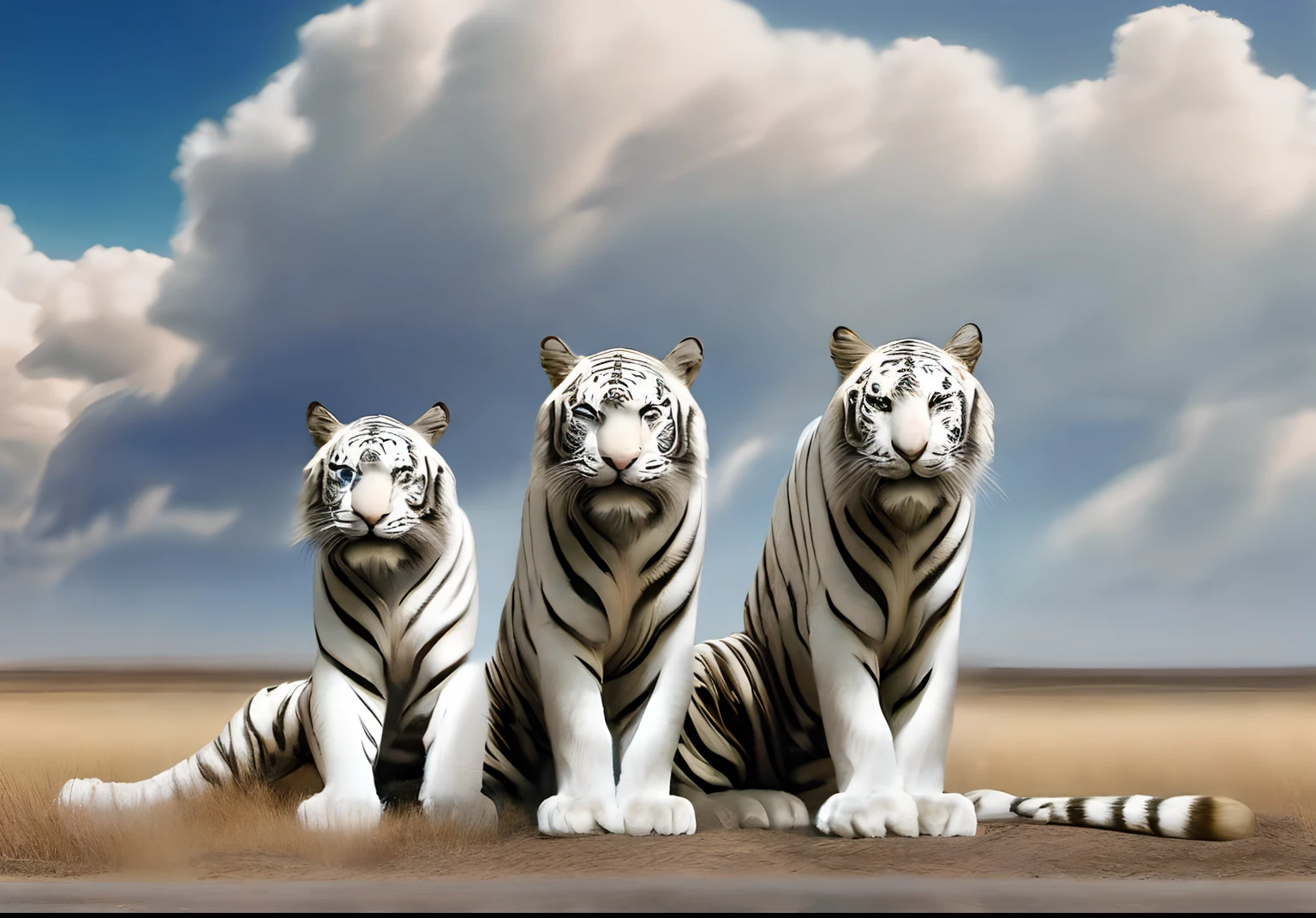Three 8K white tigers look at the camera, Este tigre parece poderoso, olhos azuis, ele esta longe da camera, It looks like it's in a colossal forest, with blue sky, nuvens avermelhada, Ele tem uma juba muito bonita, uma textura fina, uma linha muscular forte