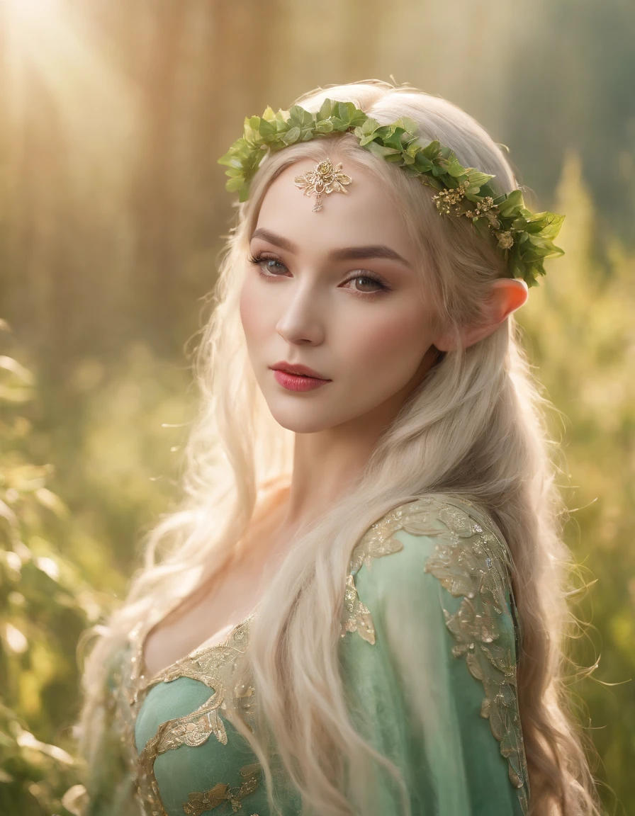 The elven princess leaned against the emerald grass，Gaze into the distance。Her long hair flowed，A golden glow shimmers in the sunlight。The surrounding flowers bloom with colorful colors，A gentle breeze blows the leaves，Fallen leaves fluttered around her。The whole scene is full of mystery and tranquility，It was as if time also stood still at this moment。8K分辨率。