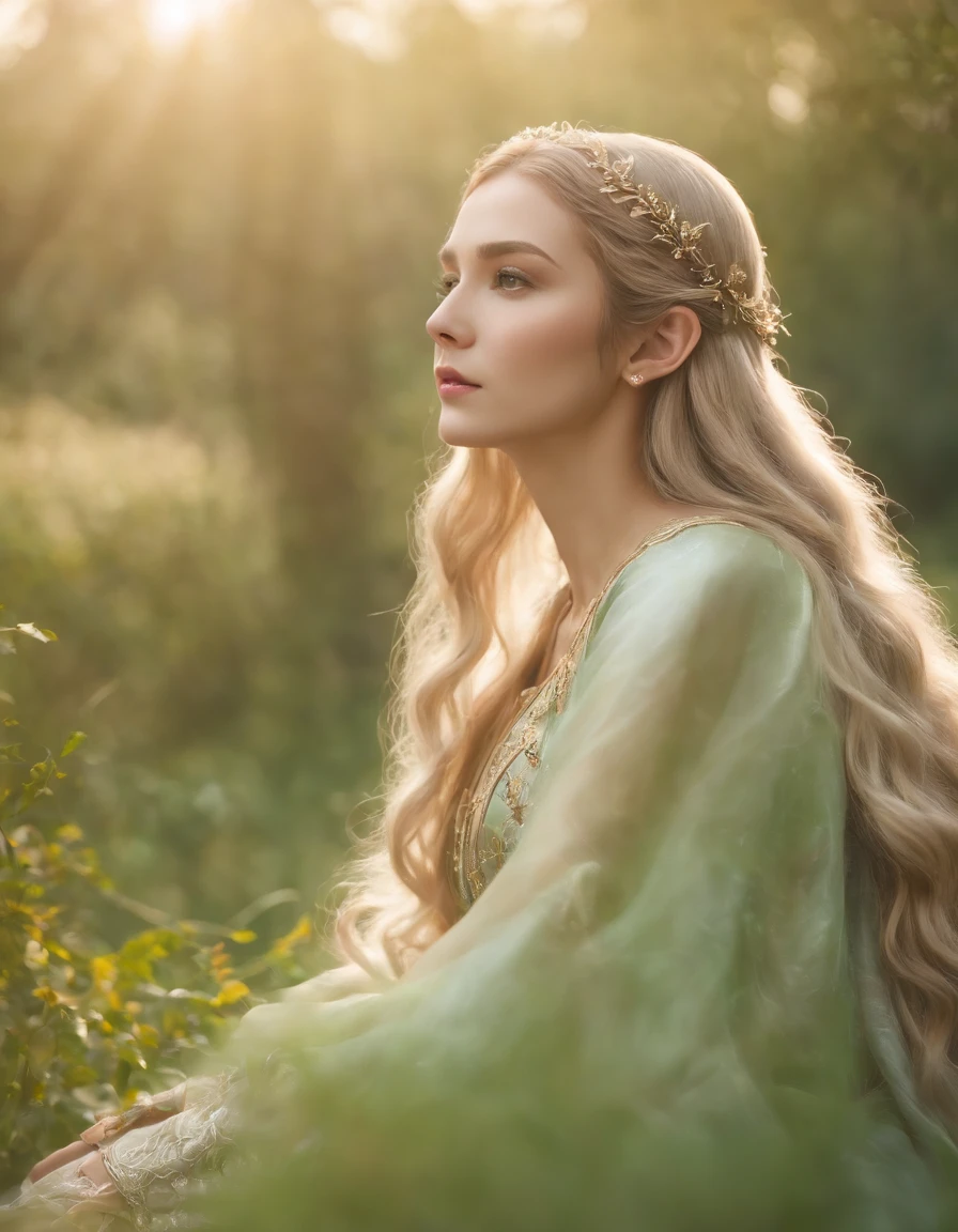 The elven princess leaned against the emerald grass,Gaze into the distance。Her long hair flowed,A golden glow shimmers in the sunlight。The surrounding flowers bloom with colorful colors,A gentle breeze blows the leaves,Fallen leaves fluttered around her。The whole scene is full of mystery and tranquility,It was as if time also stood still at this moment。8K分辨率。