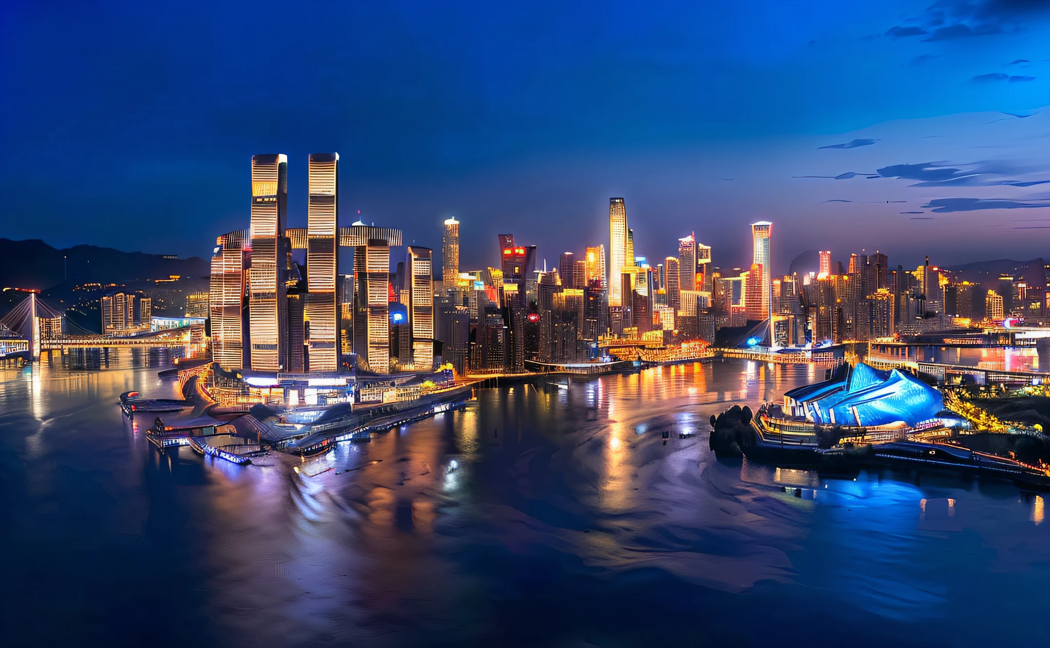 City view at night with river and bridge, super wide view of a cityscape, photography shot at blue hour, night shot, Beautiful cityscape, blue hour photography, wide wide shot, skyline showing, morning shot, wide - shot, wide wide shot, a wide full shot, Chongqing City, golden and blue hour