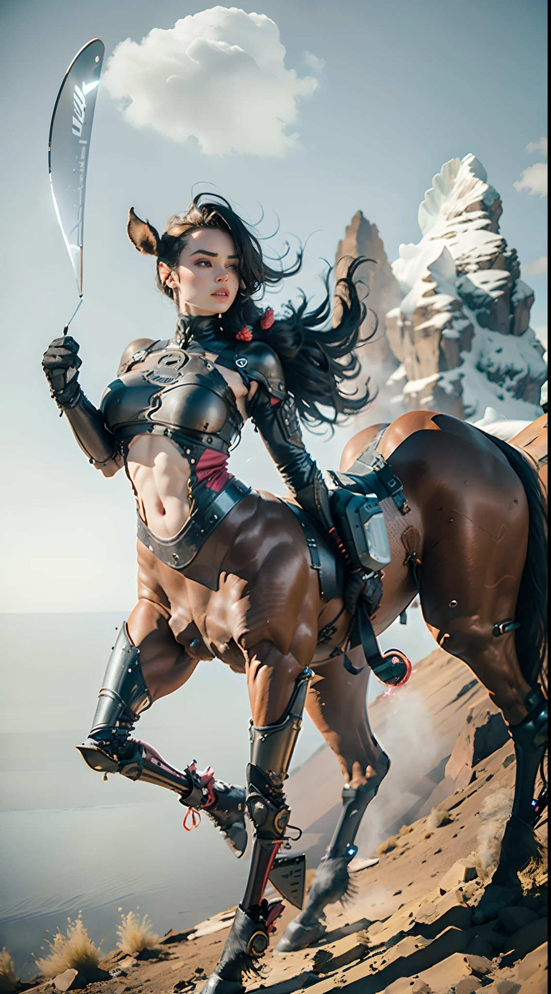 In a very grand scene，The extra-large wide-angle lens captures the appearance of a female centaur。（She is traveling through the stars：9.9），She is tall，It has the ultimate curvy beauty，The muscles are slender and firm，Beautiful lines。Her facial features are tough and coquettish，Always with a sunny smile。She wears special tight-fitting equipment with a strong sense of technology，Step on multifunctional off-road style heels，Delicate and practical protective gear is worn on the hands, feet, wrists, neck and shoulders。The detection equipment around you flashes various cue lights and neon-like information screens，Let her exude a charming brilliance。Use Midjourney's advanced tools，Design special tight-fitting equipment for female centaurs，Highlight her unique physiological characteristics and appearance details，Add realism。And in her adventure scene，Spectacular views of nature，Such as the sky where storms and sunny days alternate、Brilliant rivers of stars and auroras、The snow-capped summit of Mount Everest、Fireworks in the mountain town, etc。ao mesmo tempo，Away from the hustle and bustle of Long Beach Pier is a neon-lit spaceship docked，Create a fantastic scene。Use Midjourney's advanced tools and multiple color palettes、Brush Strokes、Texture tools and model packages，It shows a sense of atmosphere where beauty and charm coexist。The charm of the female centaur is highlighted through color and lines，Enhance realism with detailing，Create a surreal dreamy feeling。Additionally，Use Midjourney's tools to add a variety of extreme sports gear and cultural trinkets to the female centaur，Create intricate hairstyles and outfits，Give her a sense of premium。She never flinches，Regardless of the terrain，can respond quickly，Even the extreme geography and dangerous terrain of aliens cannot stop her。Use Midjourney's powerful tools，You can do it with incredible detail and beauty，Bring this ultra-grand and beautiful scene to life。Ultra-grand scenes，super wide shot， hdr，（真实感，Masterpiece quality，