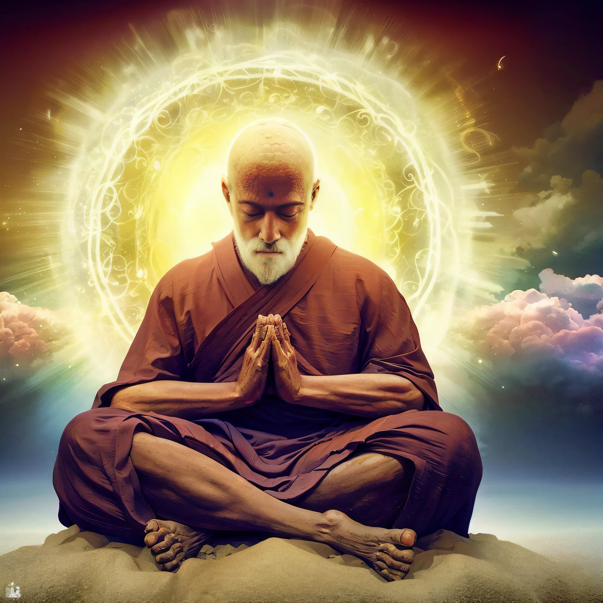 Alafed image of man sitting in meditative position, Spiritual enlightenment, monk meditate, Saint looking at the ground, hindu stages of meditation, his mind contemplating eternity, 2 1 st century monk, praying meditating, wise old indian guru, zen meditation, buddhist monk meditating, on path to enlightenment, Enlightenment, enlightenment, Spiritual evolution