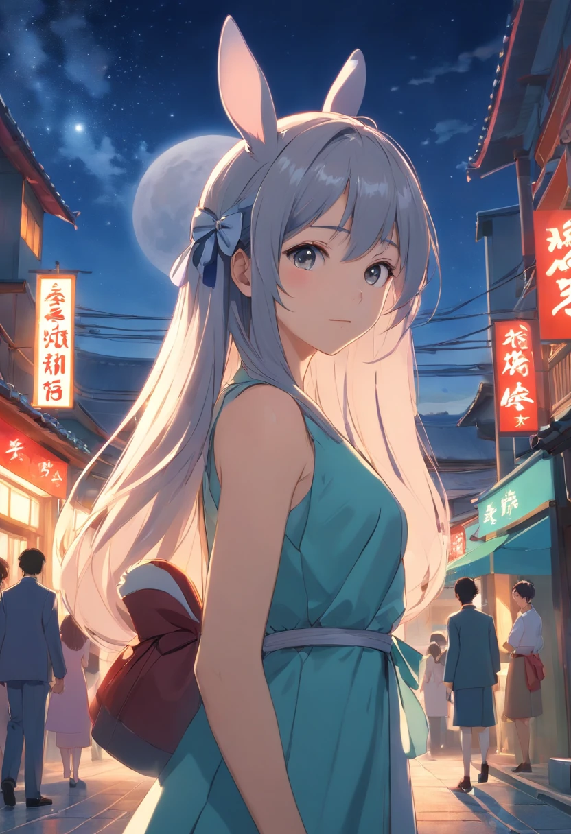 Long hair，the night，full moon，A silver-haired rabbit-eared girl in a long dress holding a small rabbit hairpin in one hand，Outside a group of Chinese buildings, holding a cheongsam in a hug，A little bunny wearing a scalloped bow hairpin，unreal render,reasonable design, high detal, Masterpiece, Best quality, hyper HD,