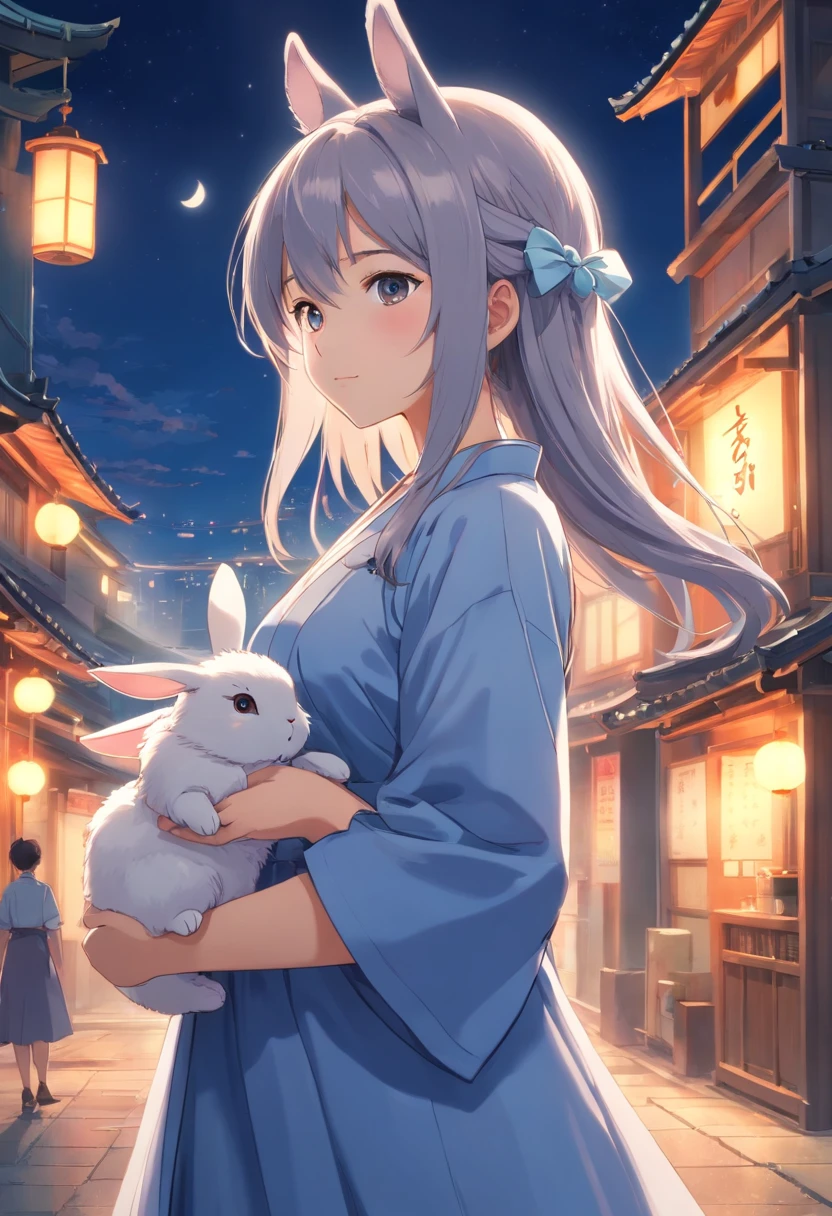 Long hair,the night,full moon,A silver-haired rabbit-eared girl in a long dress holding a small rabbit hairpin in one hand,Outside a group of Chinese buildings, holding a cheongsam in a hug,A little bunny wearing a scalloped bow hairpin,unreal render,reasonable design, high detal, Masterpiece, Best quality, hyper HD,