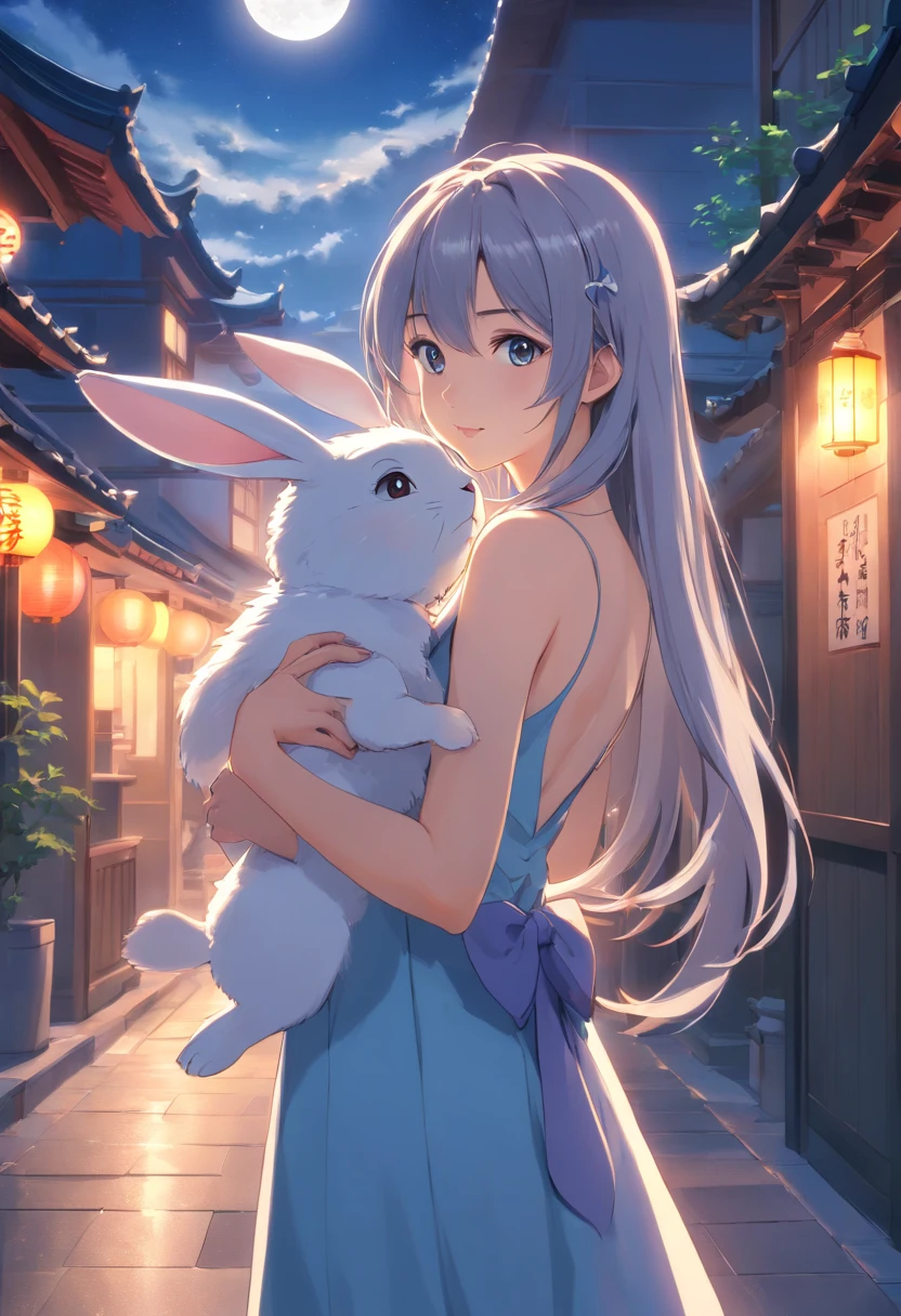 Long hair,the night,full moon,A silver-haired rabbit-eared girl in a long dress holding a small rabbit hairpin in one hand,Outside a group of Chinese buildings, holding a cheongsam in a hug,A little bunny wearing a scalloped bow hairpin,unreal render,reasonable design, high detal, Masterpiece, Best quality, hyper HD,