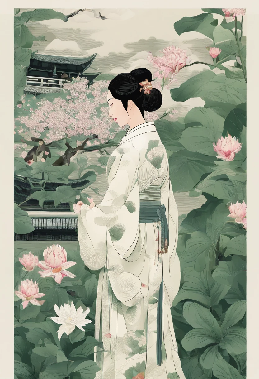 Dealing with the heat，Hosta flowers，white colors，，Traditional Chinese garden，A woman standing next to a flower in Hanfu，Landscape of people