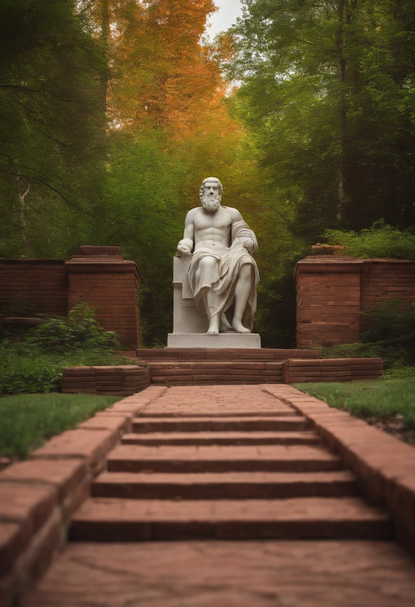utopian philosophical forest with brick sidewalk and a statue of socrates