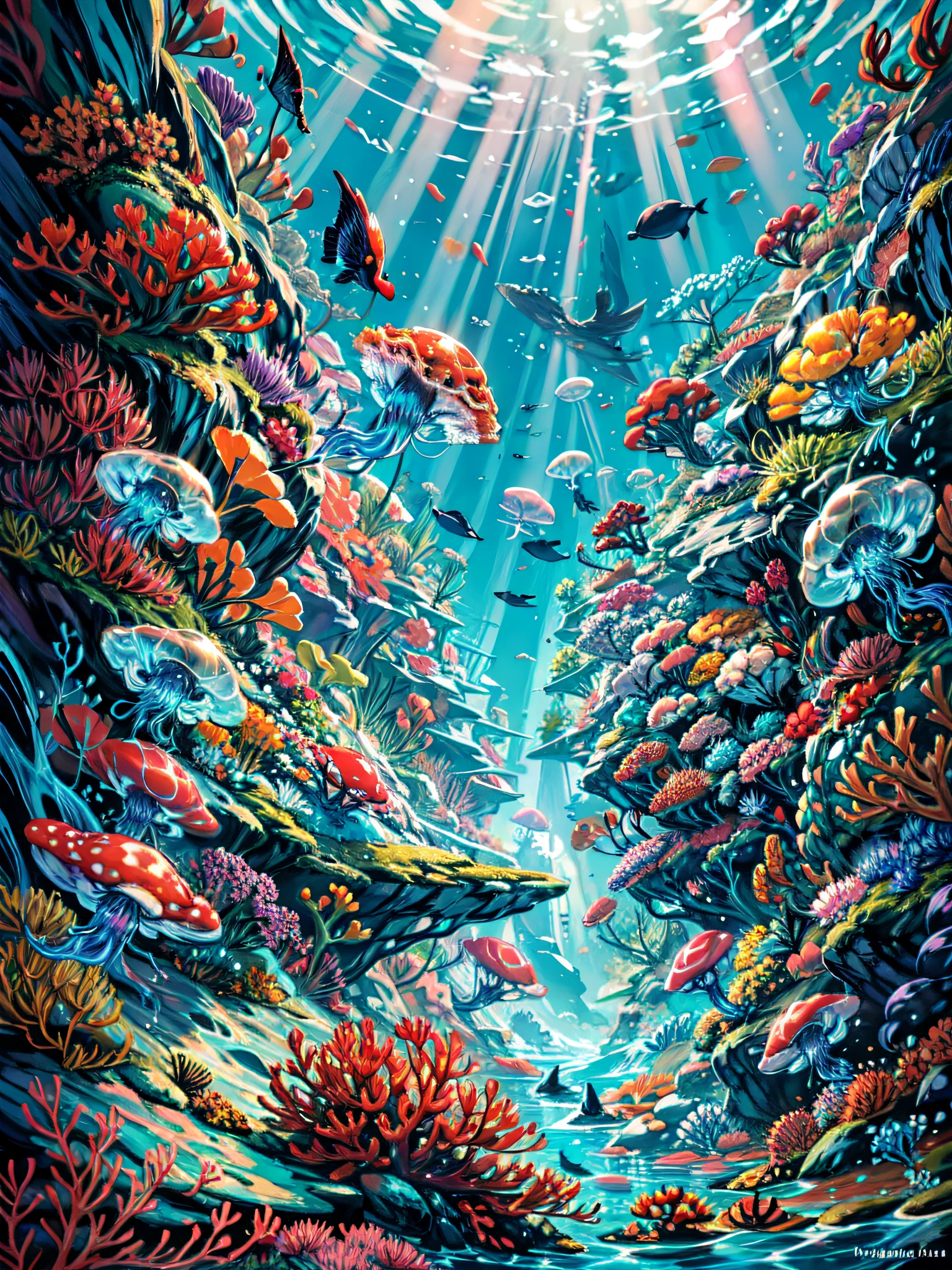 The image captures surreal and otherworldly underwater scenery,mesmerising, The foreground of the image is huge, colorful coral reef, Create a bright and vibrant tapestry of colors with a variety of coral species as countless fish, large and small, move in and out of the coral, Increase the sense of life and movement in the image. What really makes this picture unique, Sin embargo, It's jellyfish. The way these ethereal creatures are captured makes them appear almost like they're floating in the air, Their long tentacles dragged behind them, As if they were a group of delicate ballerinas resting jellyfish also illuminated from the inside, Create an otherworldly glow,It seems that radiation is throughout the image. The overall effect of the image is one of a dreamy and surreal underwater world, The beauty of nature is both unforgettable tranquility and magnificent.