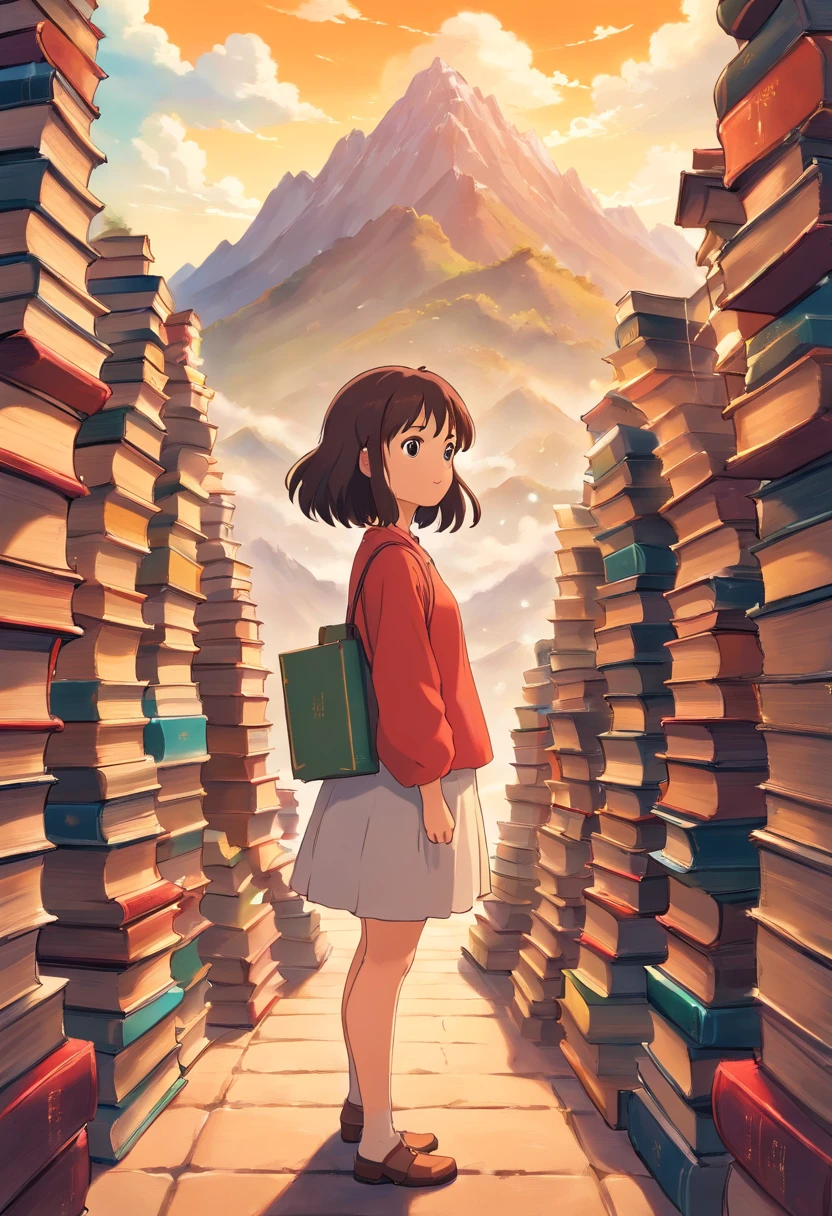 A woman stands in front of a mountain of books, holding several volumes in her hands, indicating that she is constantly learning and enhancing her cognitive level.