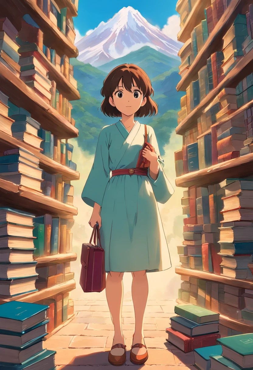 A woman stands in front of a mountain of books, holding several volumes in her hands, indicating that she is constantly learning and enhancing her cognitive level.