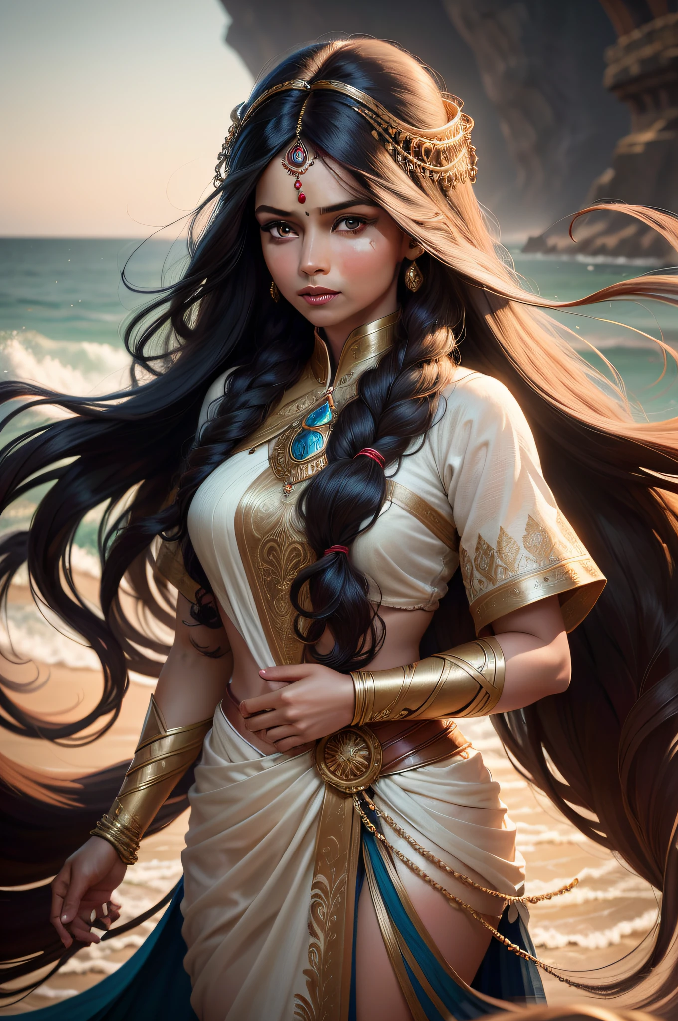 Portrait of A confident-looking indian woman with long flowing hair, hazel eyes, with flowing capes, ocean background, bokeh, perfect composition, hyperrealistic, super detailed, 8k, high quality, trending art, trending on artstation, sharp focus, studio photo, intricate details, highly detailed,