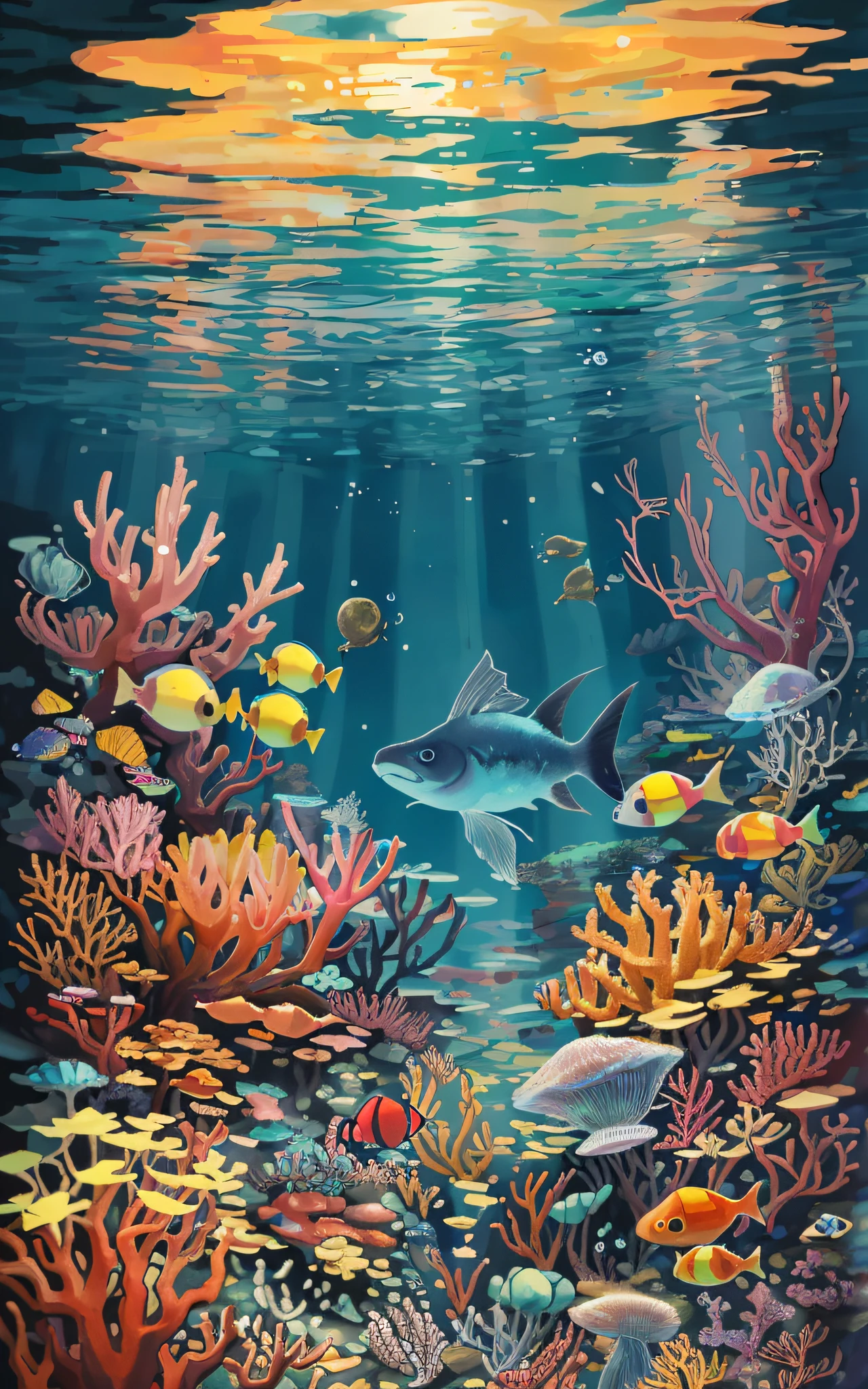 The moon as seen from the bottom of the sea, the night, Eau, nightlight, Fish shadow,mesmerising, The foreground of the image is huge, colorful coral reef, Create a bright and vibrant tapestry of colors with a variety of coral species as countless fish, large and small, move in and out of the coral, Increase the sense of life and movement in the image. What really makes this picture unique, Sin embargo, It's jellyfish. The way these ethereal creatures are captured makes them appear almost like they're floating in the air, Their long tentacles dragged behind them, As if they were a group of delicate ballerinas resting jellyfish also illuminated from the inside, Create an otherworldly glow,It seems that radiation is throughout the image. The overall effect of the image is one of a dreamy and surreal underwater world, The beauty of nature is both unforgettable tranquility and magnificent.