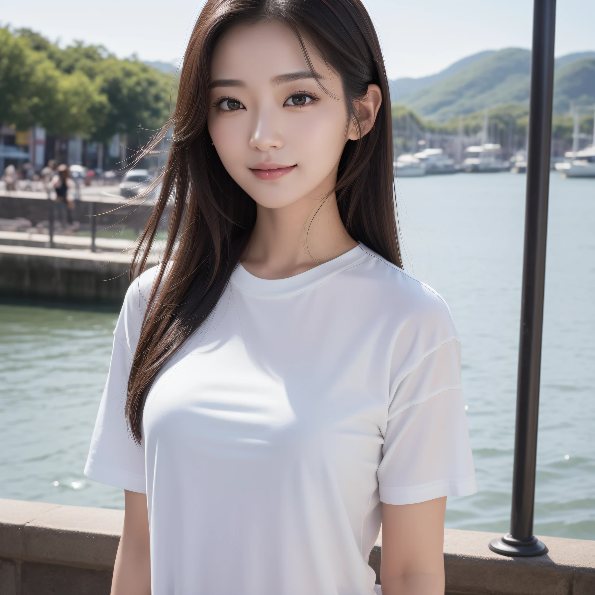 One lady、((best qualtiy、8k masterpieces:1.3))、foco nítido:1.2、(ultra beautiful faces:1.0)、(shinny skin:1.0)、photos realistic、A dark-haired、Video Lighting、High-definition eyes and face、Video Lighting、(Korean Cute Actress)、from the front side、medium breasts、Smile、Slender Abs Beauty、Whole body、wearing t-shirts、On the quay in the early morning