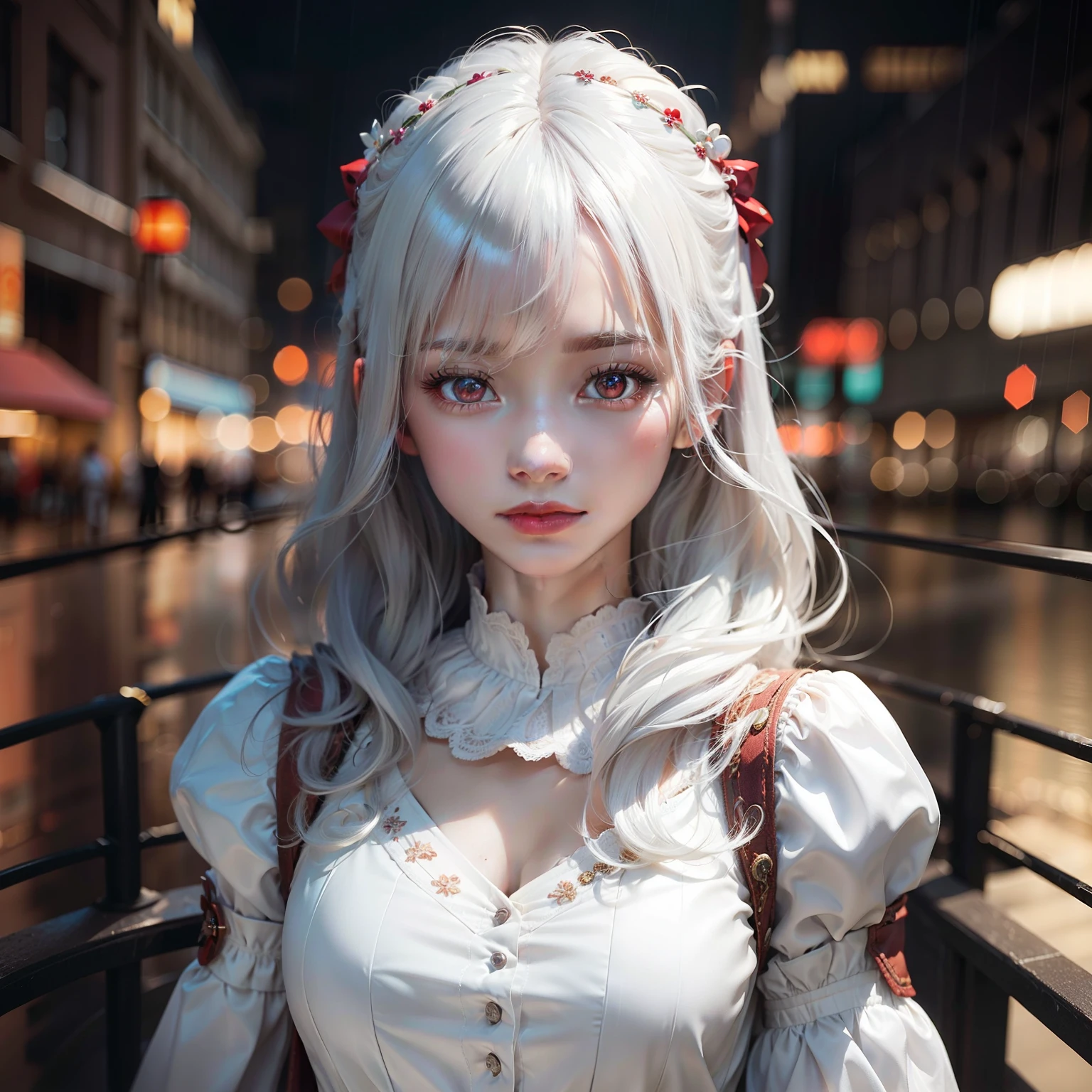 masterpiece, bestquality, Very detailed, Lightning Movie, intricate detailed, highres, official art, Subtle beautiful face and eyes, High Resolution Illustration, 10, Depth of Field, bokeh, bara, 1girls, A girl with white hair and red eyes., long White hair, Beautiful red eyes, Beautiful landscape, Rainy City, Upper body, looking at the audience, Up Close