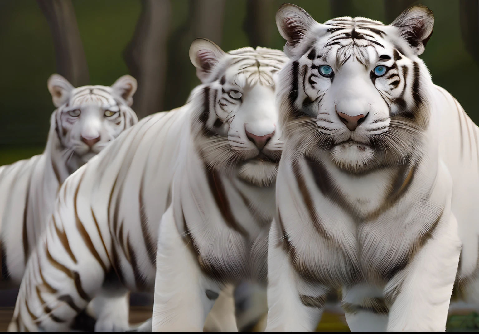 Three 8K white tigers look at the camera, Este tigre parece poderoso, olhos azuis, ele esta longe da camera, It looks like it's in a colossal forest, with blue sky, nuvens avermelhada, Ele tem uma juba muito bonita, uma textura fina, uma linha muscular forte