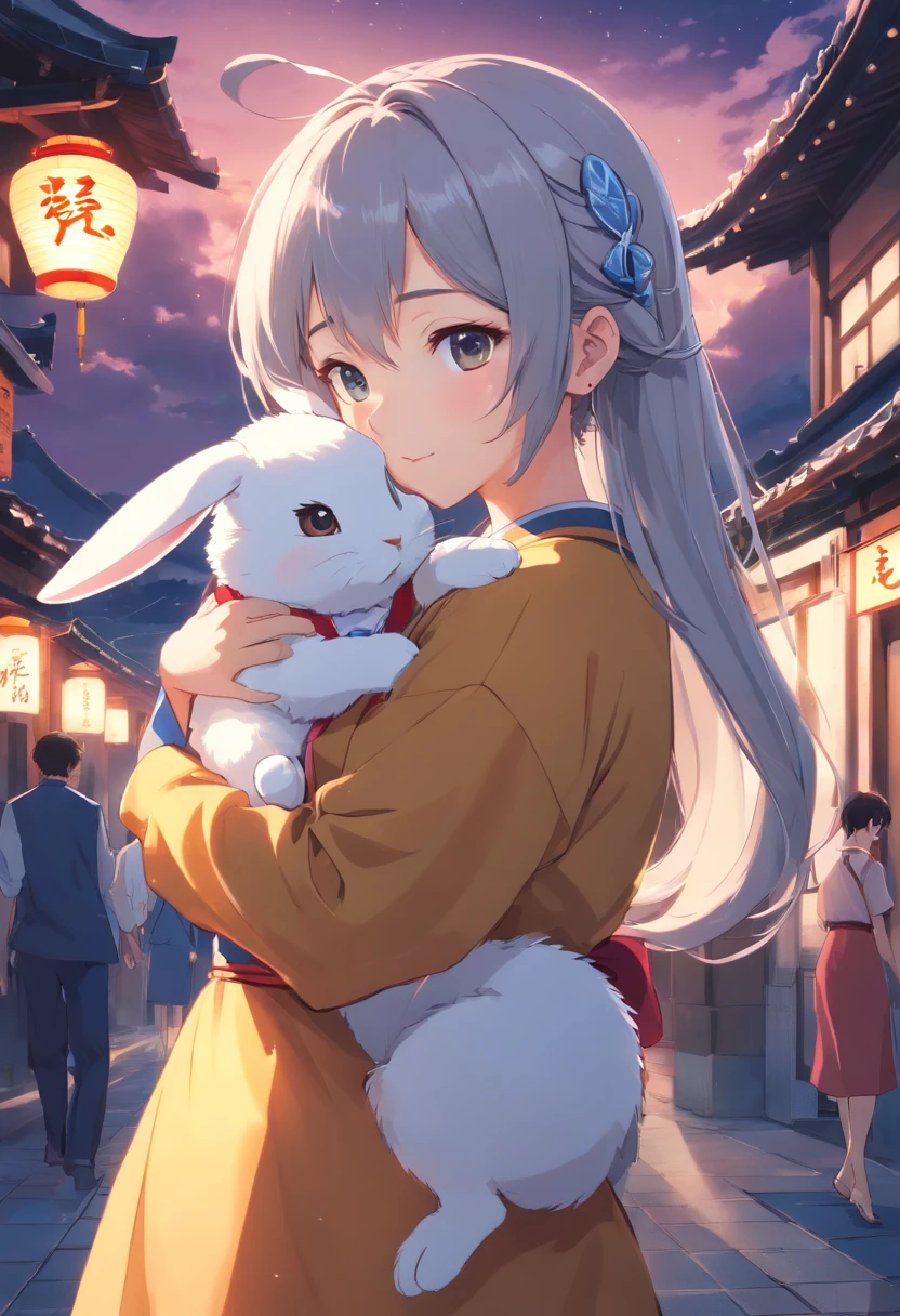 Long hair，the night，full moon，Silver-haired rabbit-eared girl holding a small rabbit hairpin in one hand，Outside a group of Chinese buildings, Hug with a cheongsam，A little bunny wearing a scalloped bow hairpin，unreal render,reasonable design, high detal, Masterpiece, Best quality, hyper HD,