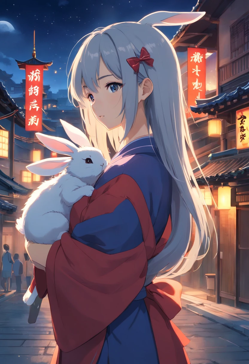 Long hair,the night,full moon,Silver-haired rabbit-eared girl holding a small rabbit hairpin in one hand,Outside a group of Chinese buildings, Hug with a cheongsam,A little bunny wearing a scalloped bow hairpin,unreal render,reasonable design, high detal, Masterpiece, Best quality, hyper HD,