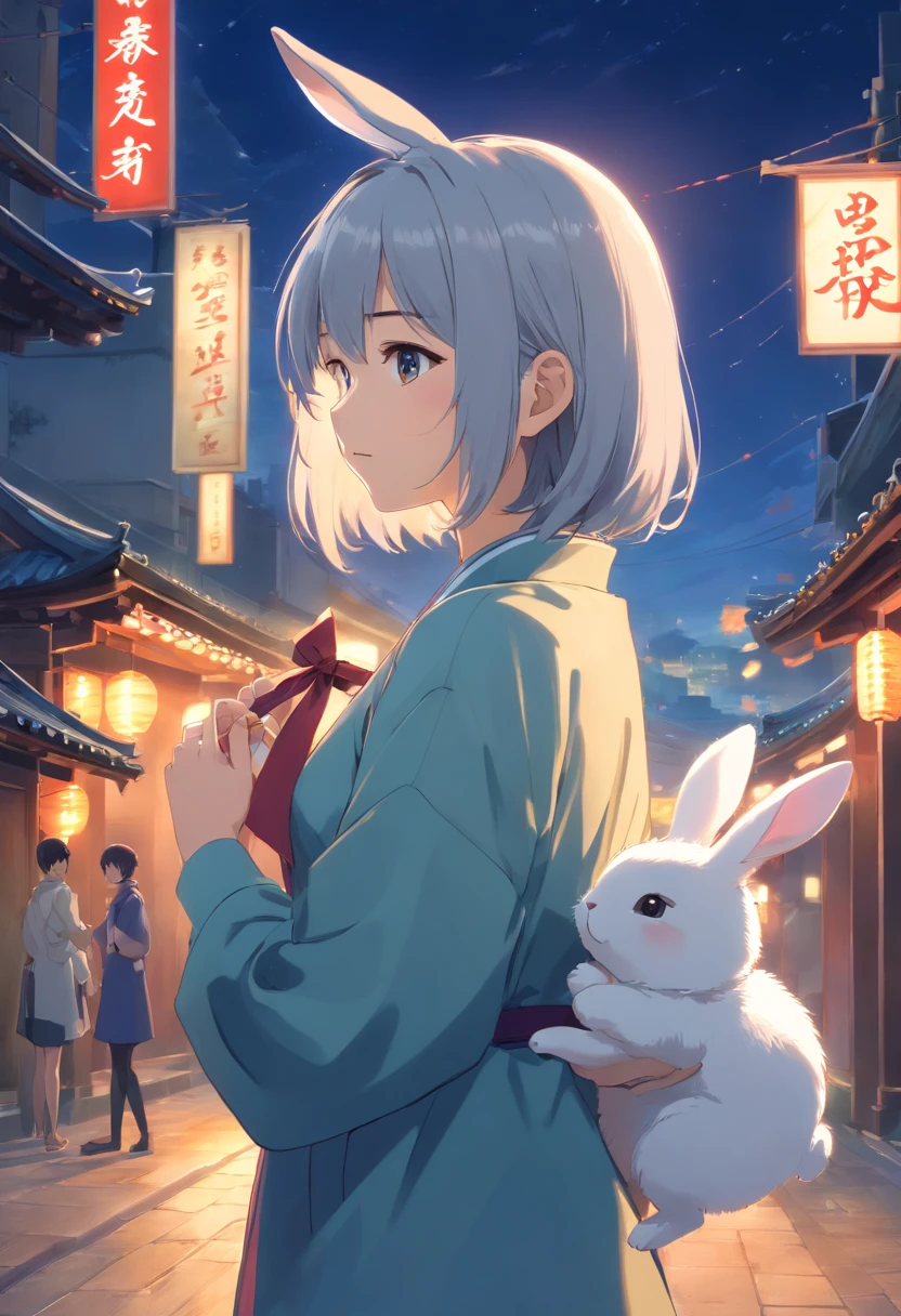 Long hair,the night,full moon,Silver-haired rabbit-eared girl holding a small rabbit hairpin in one hand,Outside a group of Chinese buildings, Hug with a cheongsam,A little bunny wearing a scalloped bow hairpin,unreal render,reasonable design, high detal, Masterpiece, Best quality, hyper HD,