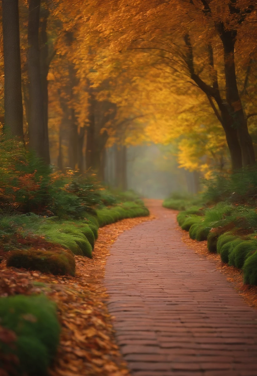 utopian philosophical forest with brick sidewalk