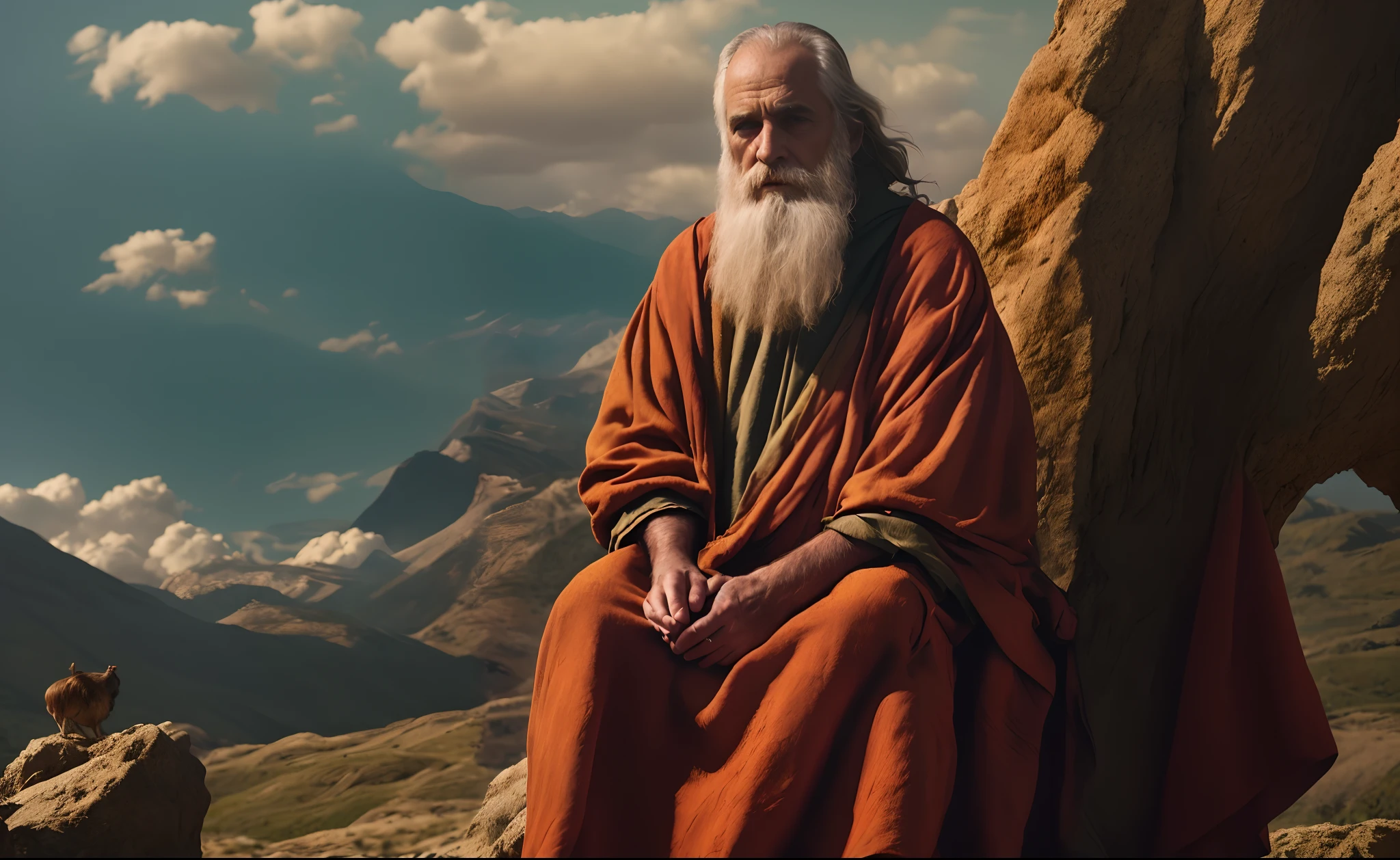 homem arafed com longa barba branca sentado em uma rocha, moses, inspired by moses van Uyttenbroeck, Directed by: Alexander Kucharsky, foto de retrato de pintura fosca, biblical epic movie, Directed by: Alexander Fedosav, high res 8k, Directed by: Matthias Weischer, Obra-prima 4K, Obra-prima 4k, filme ainda 8K, sentado no topo de uma montanha empoeirada