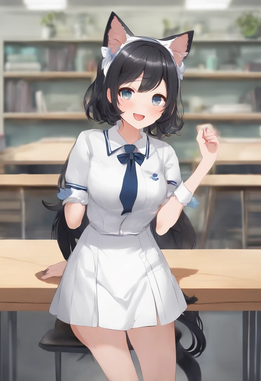 Full body,(( Upright)), ((Arms at sides)), Looking at Viewer, Simple background, 1girl in, Open mouth, Smile, Virtual Youtuber、girl with、、((Best Quality, high_resolution, Distinct_image)),(Black hair), (Black cat ears), (Ahoge), (absurdly short hair), (Wavy Hair), (Blue eyes),、A smile、large full breasts、Dressed in school uniform