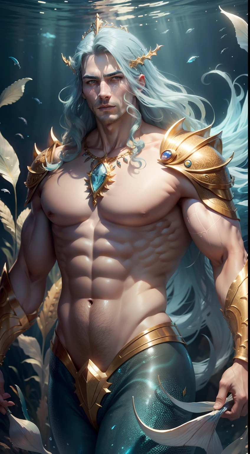 ((Mature male)), merfolk，((Solo)), ((The upper body is a human and the lower body is a fish))，The body of the fish replaces the legs，(((Wheat-colored skin)))，(Blue-green scales)，(Finned ears)，Slag，musculous，vast pecs，Broad shoulders，Thick-breasted，((Bare upper body))，Gold crotch，Huge crotch bulge，Smooth skin，Glowing skin，glowing light eyes，((tiara studded with gemstones))，Flowing layered hair，King of mermaids，the god of the sea，(holding trident)，Majestic expression，High- sharpness，High picture quality，tmasterpiece，Movie lighting，Skin with a real texture，hyperrealistic photo，Fantasy style，((full bodyesbian，in a panoramic view))，Underwater shooting，Background with：ocean floor，Surrounded by colorful fish，colorful coral，Colorful background，intricately details，Rich background