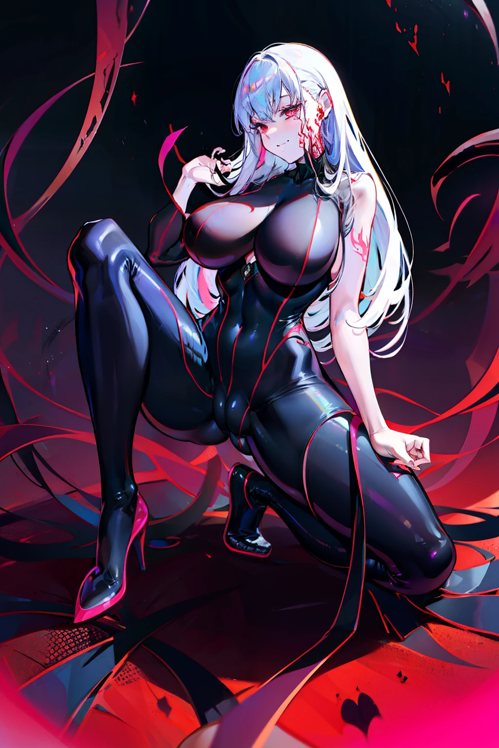 Black full body suit huge tit Big ass seductiv a smile Obscene lines Whip thighs Morrigan Aensland Red lines all over the body