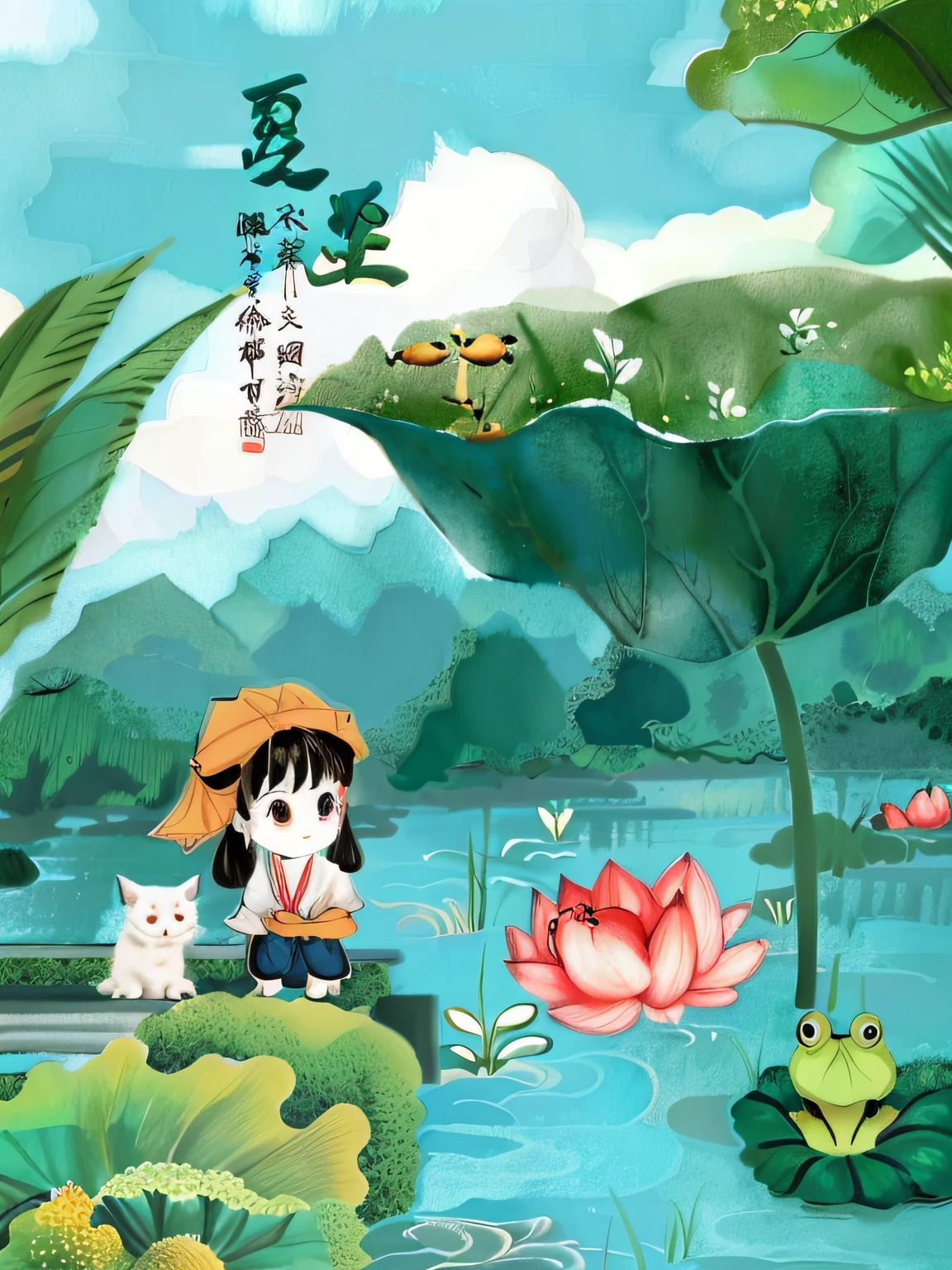 There was a girl sitting on a boat with a cat and a frog, By Li Song, author:Mei Qing, A beautiful artwork illustration, author:Qu Leilei, inspired by Li Shixing, inspired by Ma Yuanyu, author:Xia Gui, by Ye Xin, By Leng Mei, sitting on a lotus flower, author:Xia Chang, By Ni Tian