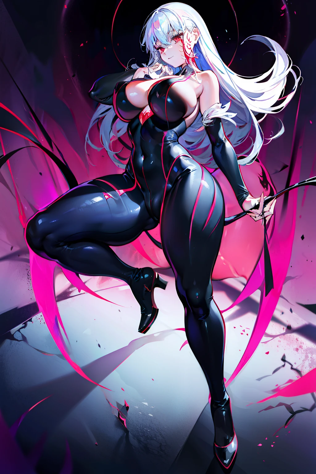 Black full body suit　huge tit　Big ass　seductiv　a smile　Obscene lines　Whip thighs　Morrigan Aensland　Red lines all over the body