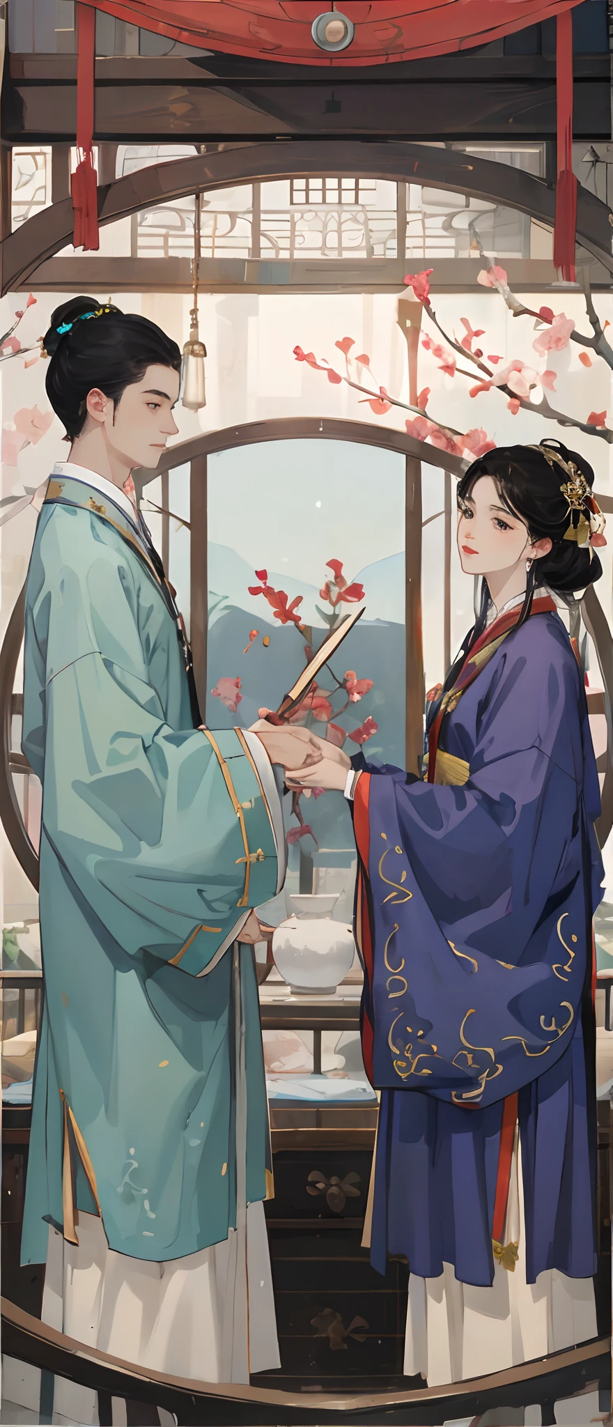 of a guy,A woman who is,hands in arms,Filigree pattern,