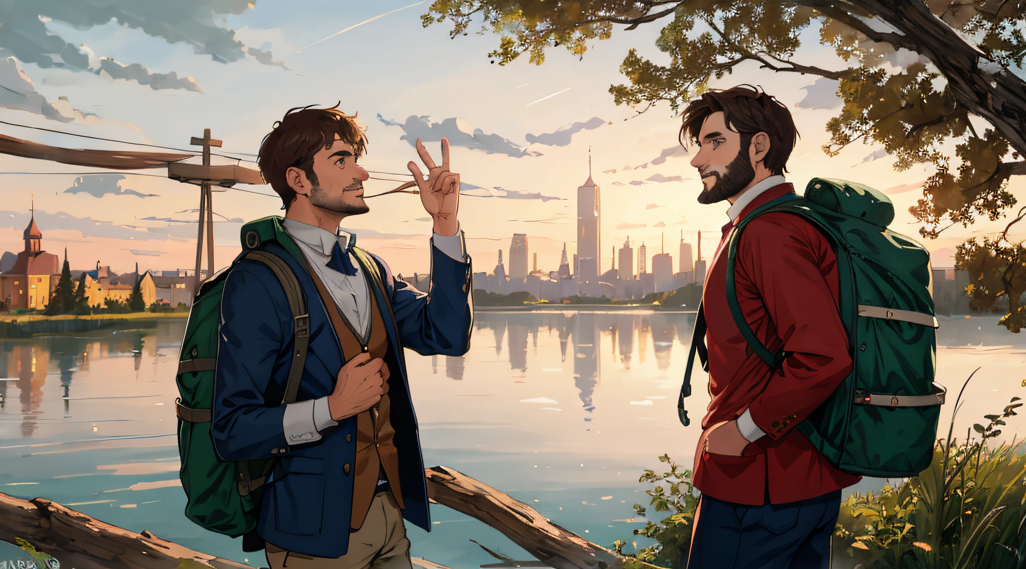 A 30-year-old man dressed in 20th century garb, traversing the land of lakes, cities with a backpack, cartoonish, ultra-detailed, realistic, vivid colors, bokeh, portraits, landscape, vintage colors, warm lighting