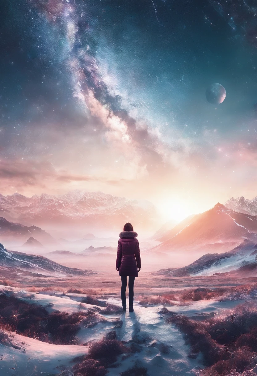Vast landscape photos, a girl in thick jacket standing on a prairie looking up at the sky, snowy mountain, dreams