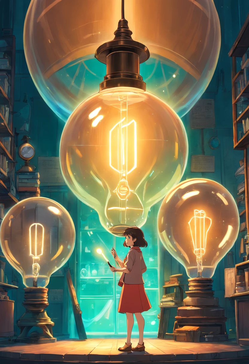 A stylish woman stands in front of a gigantic glowing light bulb, holding a magnifying glass in her hand, indicating that she is uncovering new information and opportunities.
