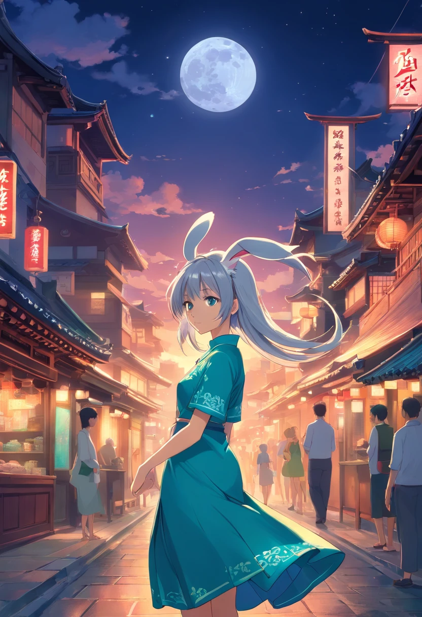 Long hair，the night，full moon，The silver-haired rabbit-eared girl wore a cheongsam，Outside a group of Chinese buildings, Unreal rendering holding a bunny,reasonable design, high detal, Masterpiece, Best quality, hyper HD,