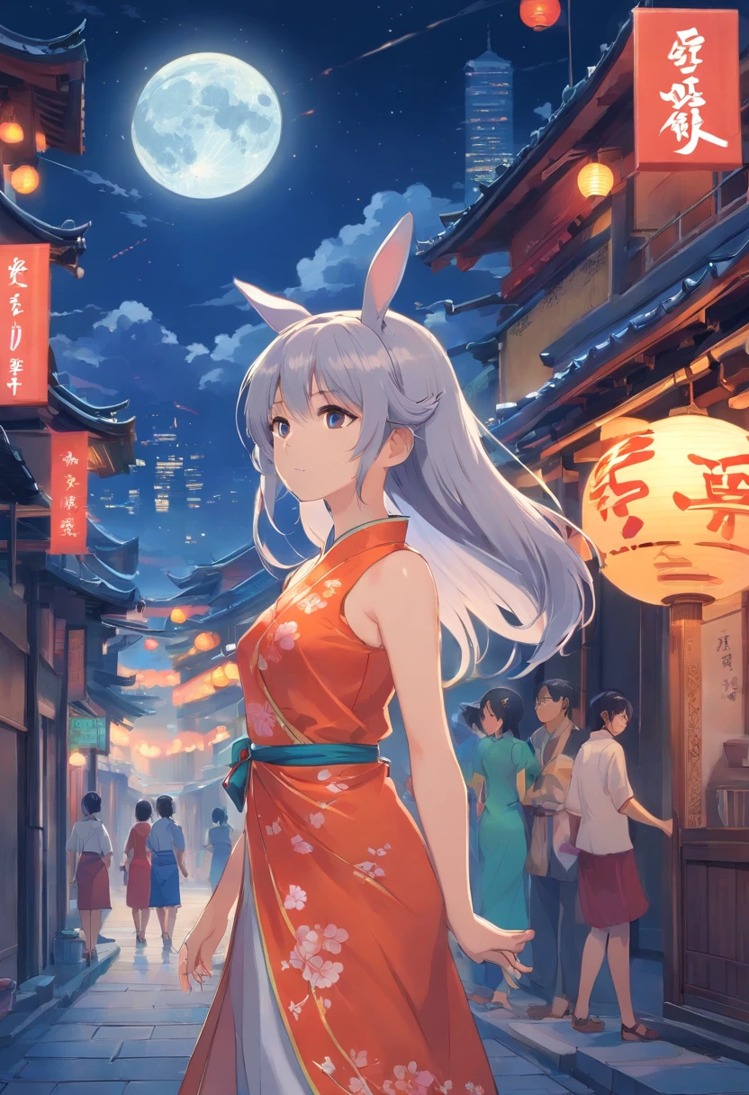 Long hair，the night，full moon，The silver-haired rabbit-eared girl wore a cheongsam，Outside a group of Chinese buildings, Unreal rendering holding a bunny,reasonable design, high detal, Masterpiece, Best quality, hyper HD,